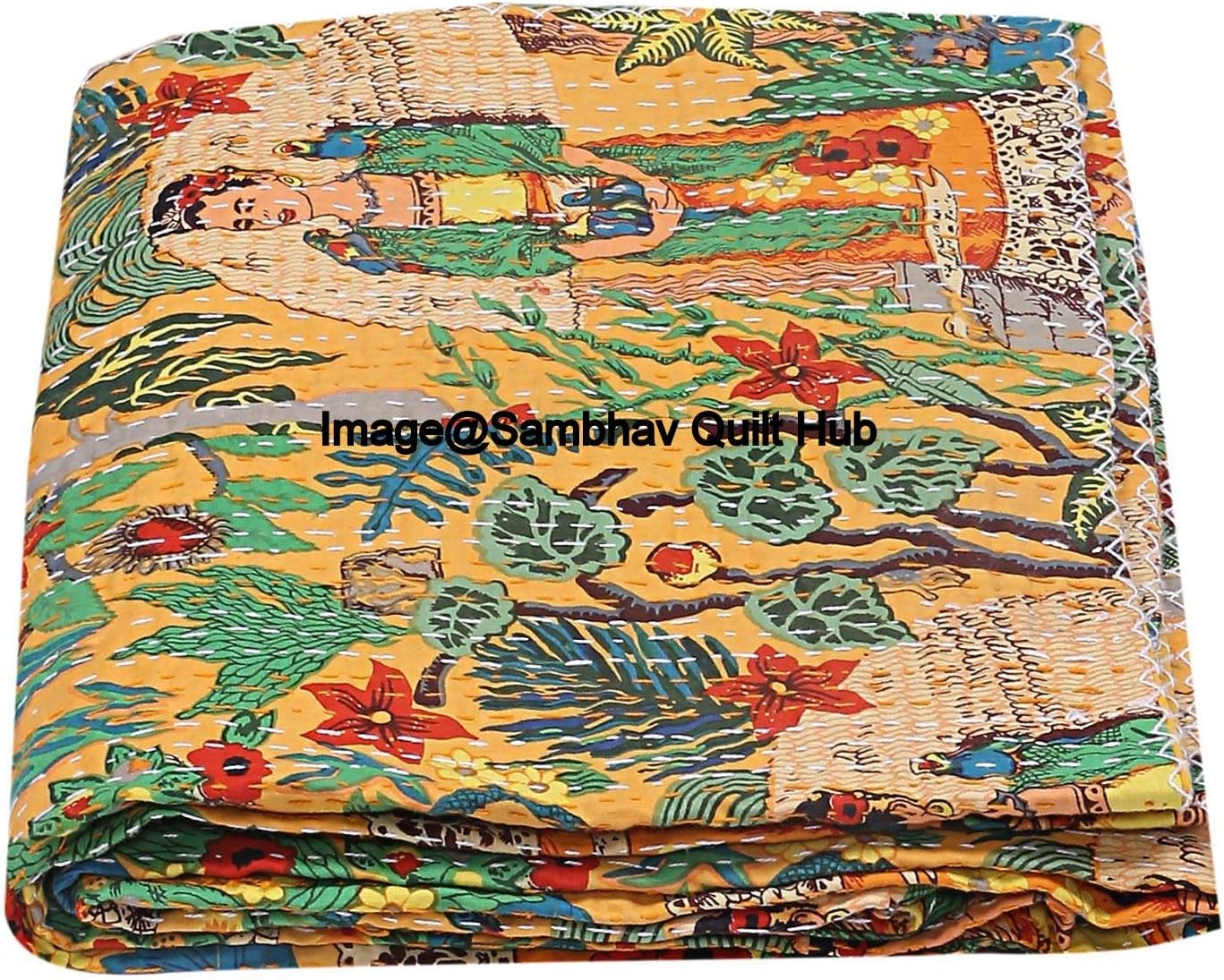 SambhavQuiltHub Kantha Indian Handmade Yellow Frida Kantha Quilt New Frida Kahlo Printed Kantha Bedspread Boho Bedding Twin Size/Single Size Bed Cover Kantha Quilt