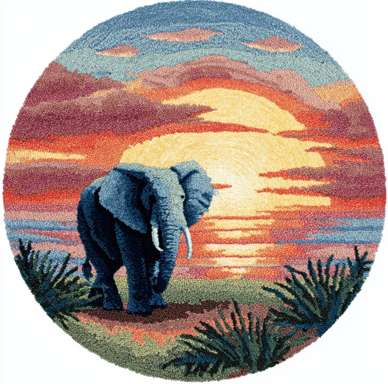 WallustrioaW Latch Hook Rug Kit,Sunset Elephant,Pre-Printed Pattern Canvas Tapestry Embroidery Adults Handicrafts DIY Craft Cross Stitch Kits,50x50cm