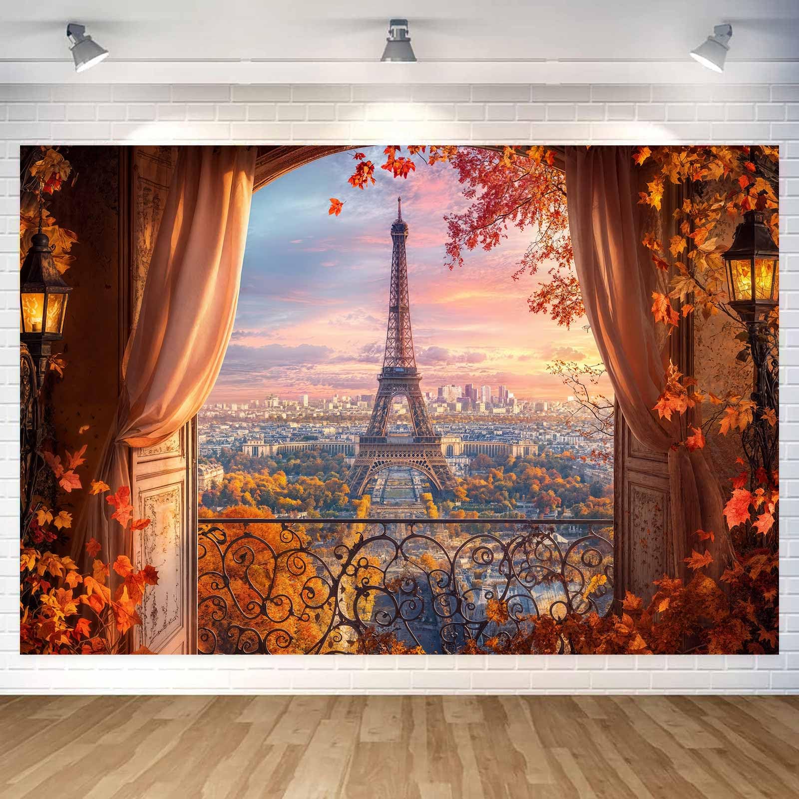 Photo 1 of 10x8ft Fall Eiffel Tower Backdrop Sunset Scene France Landmarkn Photography Background Parisian Fall Maple Leaves Banner Decoration for Birthday Photo Booth Props