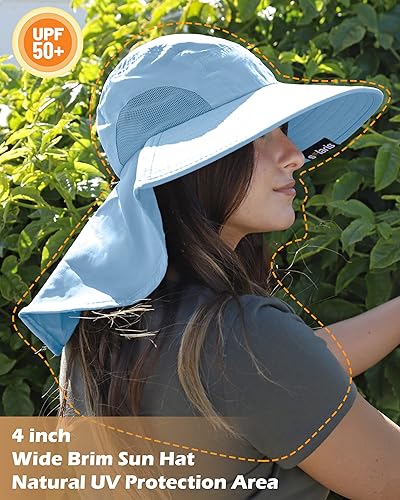 Miniatura 10 de Tirrinia Sombrero de senderismo para mujer, sombrero de ala ancha con solapa de cuello grande, protección solar UPF 50+