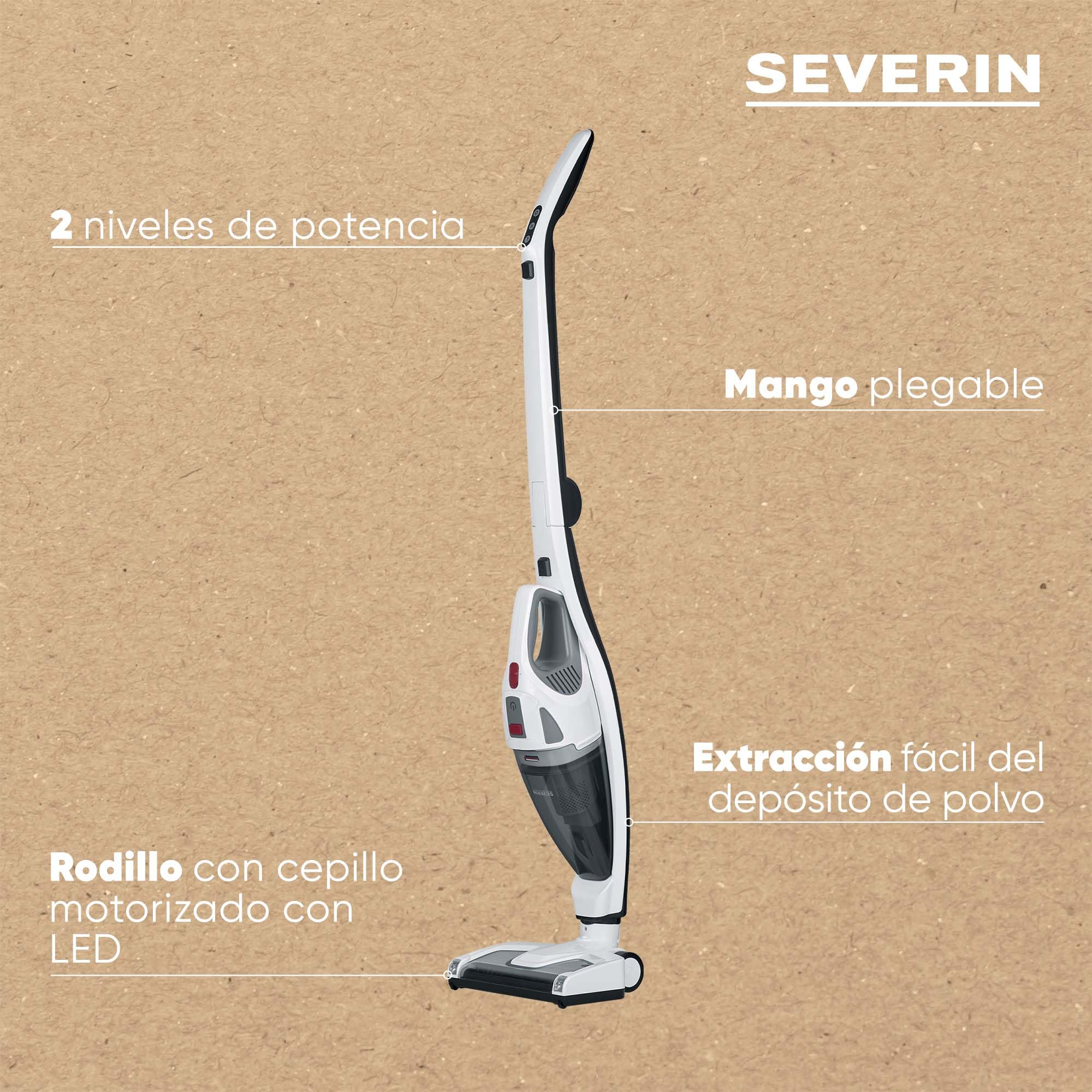 SEVERIN Aspiradora de Mano y Vertical, sin Cable con Mango Plegable, Batería de Iones de Litio 18,5 V Li-Ion/ 2.000 mAh, Potencia 120 W, Capacidad del Depósito de Polvo 650 ml, Blanco / Negro, HV 7173