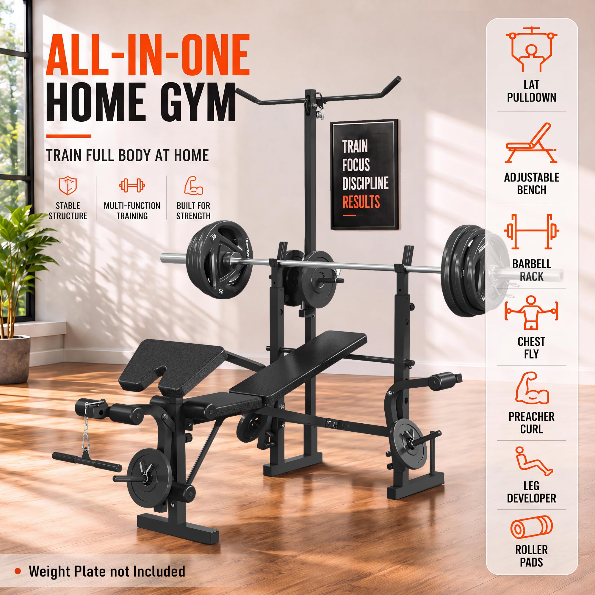 8 in 1 Adjustable Weight Bench Set, Lat Pulldown & Leg Extension Foldable Bench Press Set with Preacher Curl Pad, Chest Fly, Leg Curl, Rack, Full Body Home Gym Strength Training Equipment