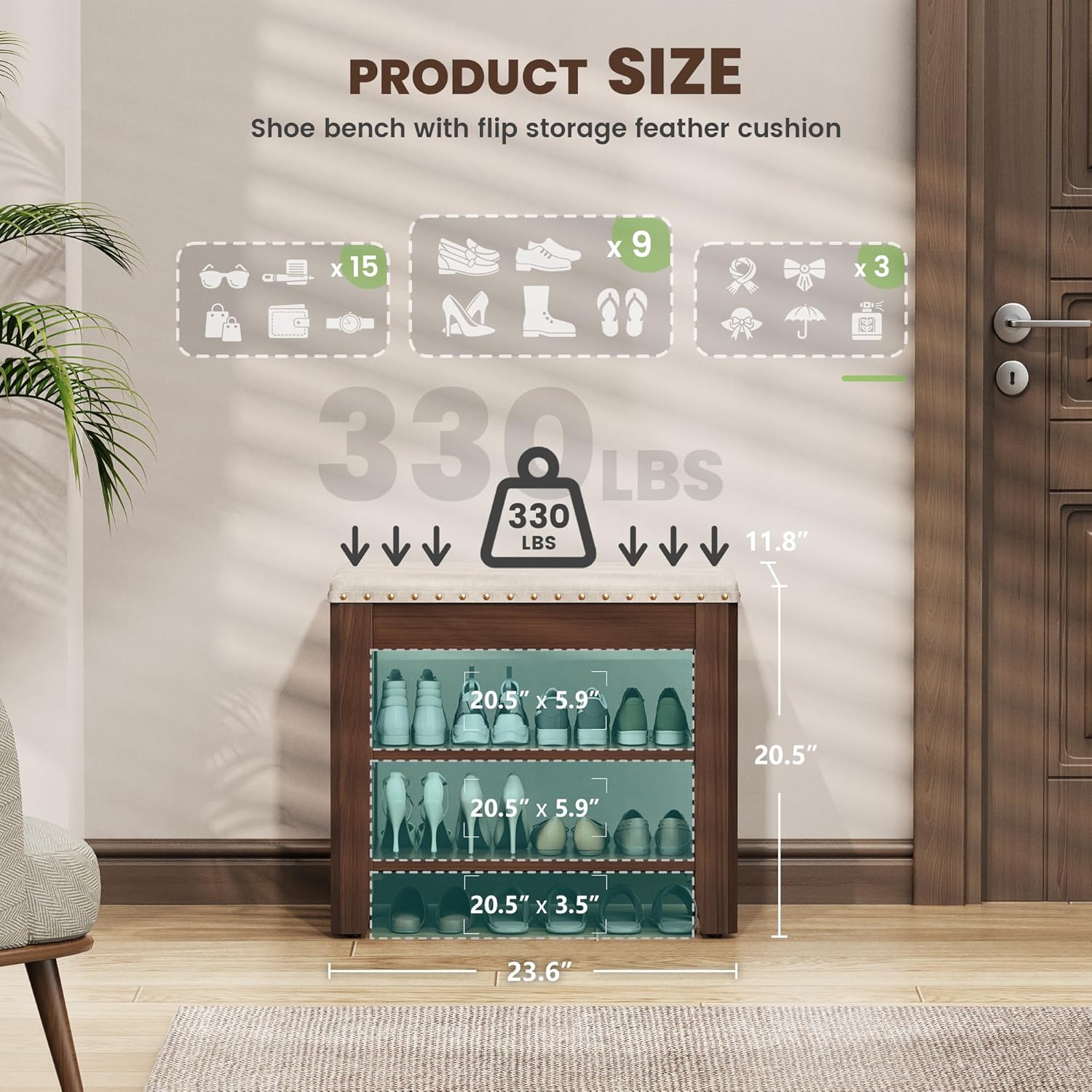 Shoe Bench for Entryway, Solid Rubberwood Shoe Bench with Hidden Storage, Adjustable 2-Tier Shelves & Soft PU Leather Seat, Shoe Rack Durable Easy Assembly for Hallway or Bedroom - Beige, 23.6"