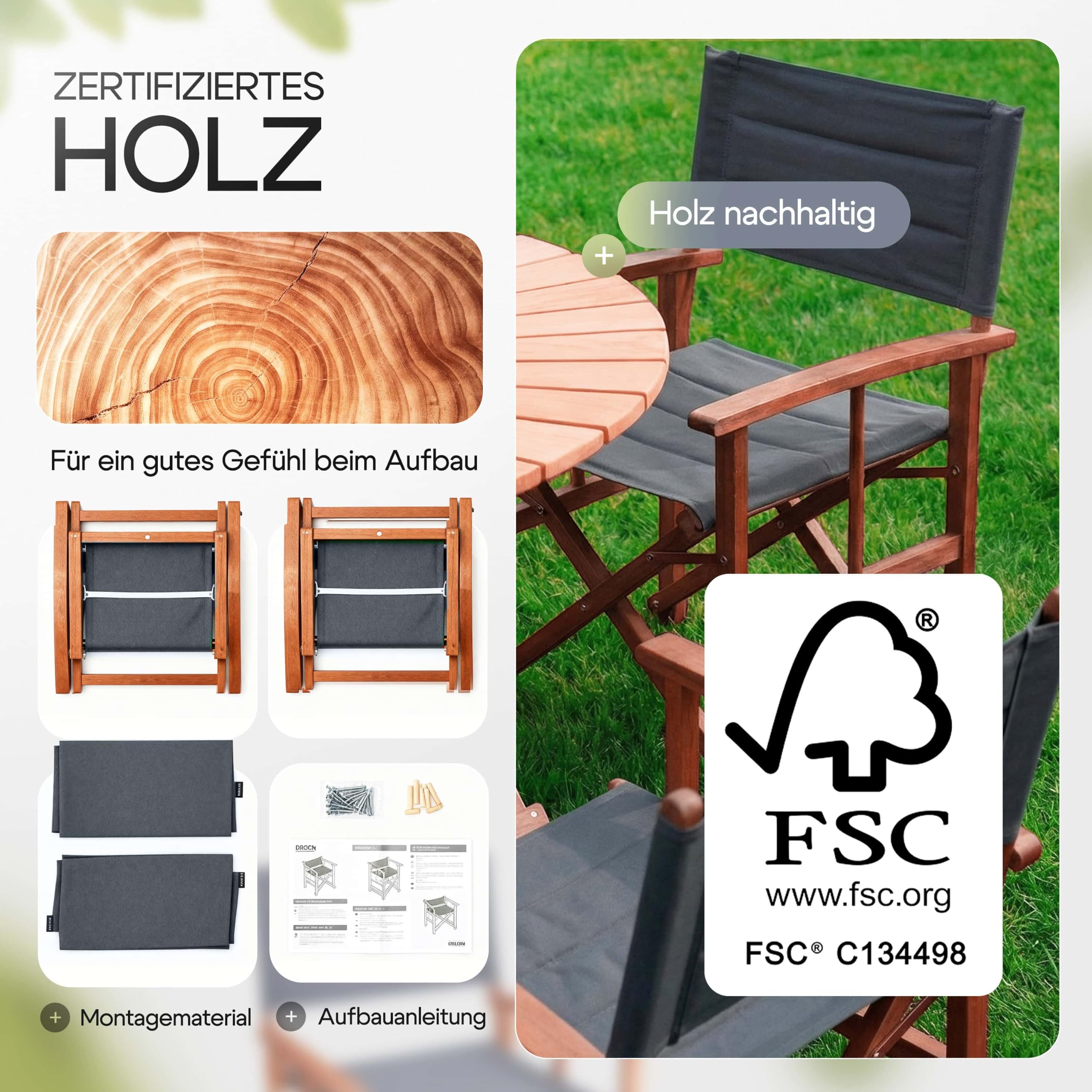 Casaria® Sedia da Regista Premium Imbottita Legno di Eucalipto Certificato FSC® Pieghevole Braccioli Tessuto Lavabile Capacità di Carico fino a 160kg Giardino Esterno Antracite