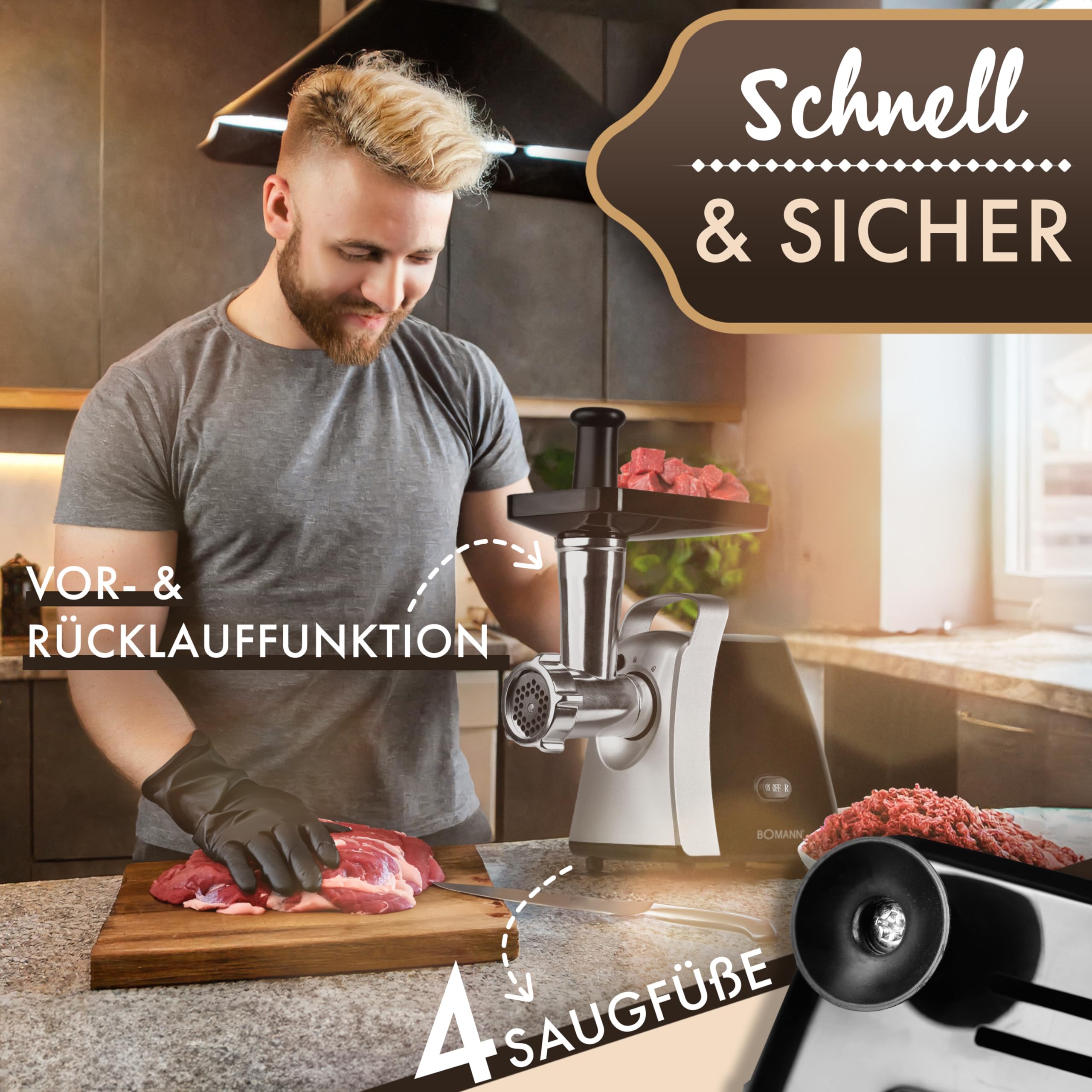 Bomann® Fleischwolf 1000W | mit Aufsatz für Plätzchen/Spritzgebäck | Fleischwolf elektrisch | 3 Metall-Lochscheiben | Vor- und Rücklauf | inkl. Wurstfüller | Metall-Hals u. Schnecke | FW 6067 CB