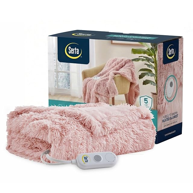 Serta Serta Heated Electric Throw - Shaggy Faux Fur, 5 Heat & Washable | 5 Heat Settings & Auto Shut Off , Ultra-Soft Shaggy Heated Throw , Cozy & Easy Care, 50"x60", Blush