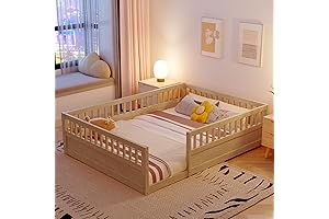 Full Size Bed Frame for Kids Bedroom, Floor Bed with Fence