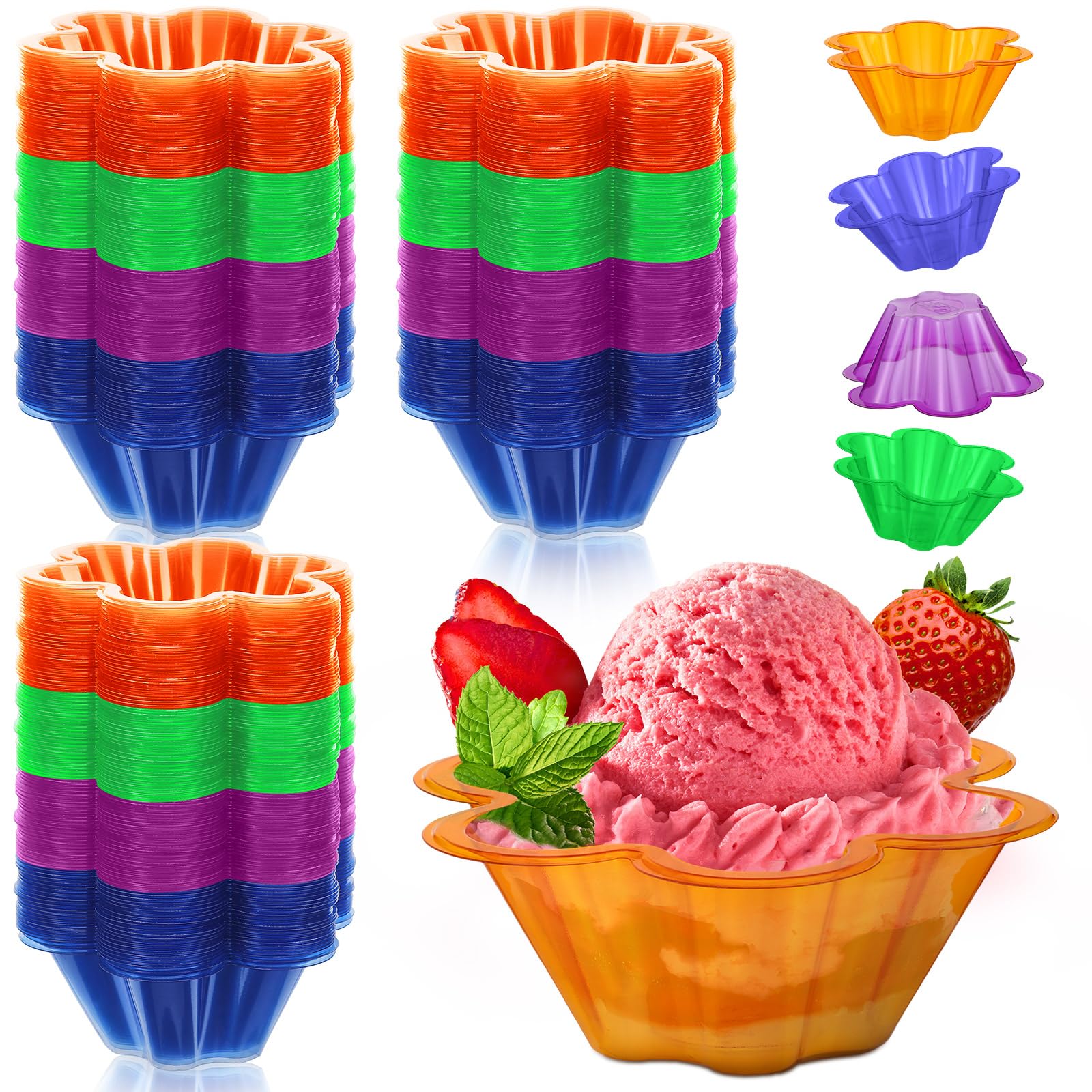 Mumufy 200 Pcs 8.5 oz Colorful Plastic Dessert Cups Disposable Flower Ice Cream Bowls Small Sundae Bar Supplies Pudding Fruit Salad Trifle Tasters