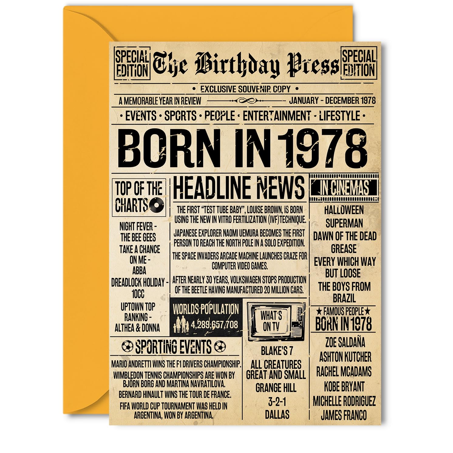 48th Birthday Card for Men Women - Bday Press Newspaper 1978 - Happy 48 Birthday Cards for Dad Uncle Friend Niece Nephew Neighbour, 5x7 Inch Bday Greeting Cards