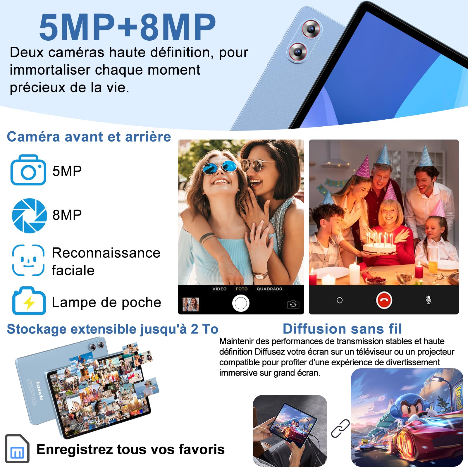 Tablet 10 pollici Android 15 Gemini AI, 30 GB RAM +128 GB ROM,8000 mAh, blu