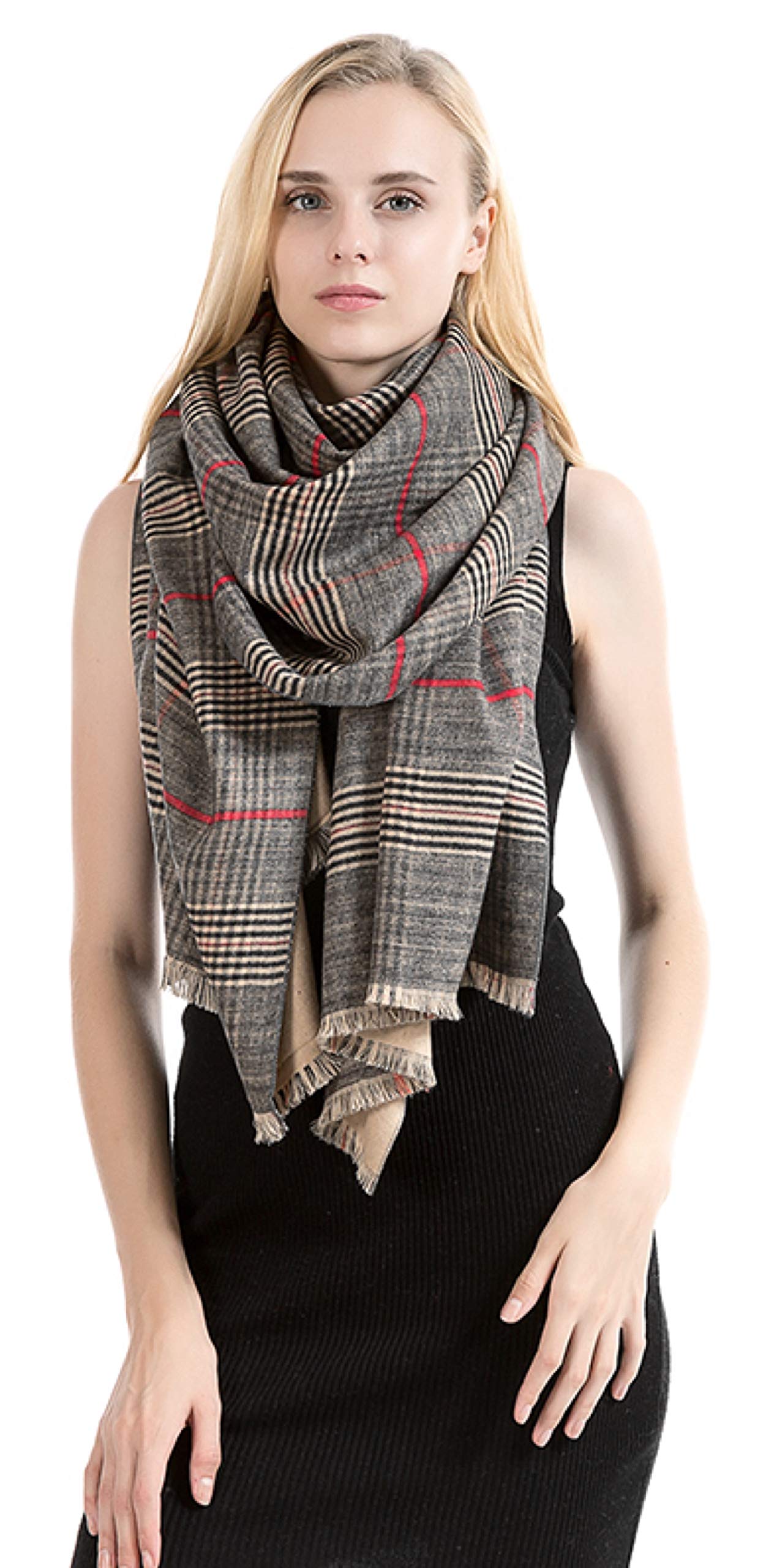 World of Shawls Classic Reversible Plaid Tartan Scarf Wrap Blanket Shawl Warm Soft Cosy UNISEX (Black/Beige)