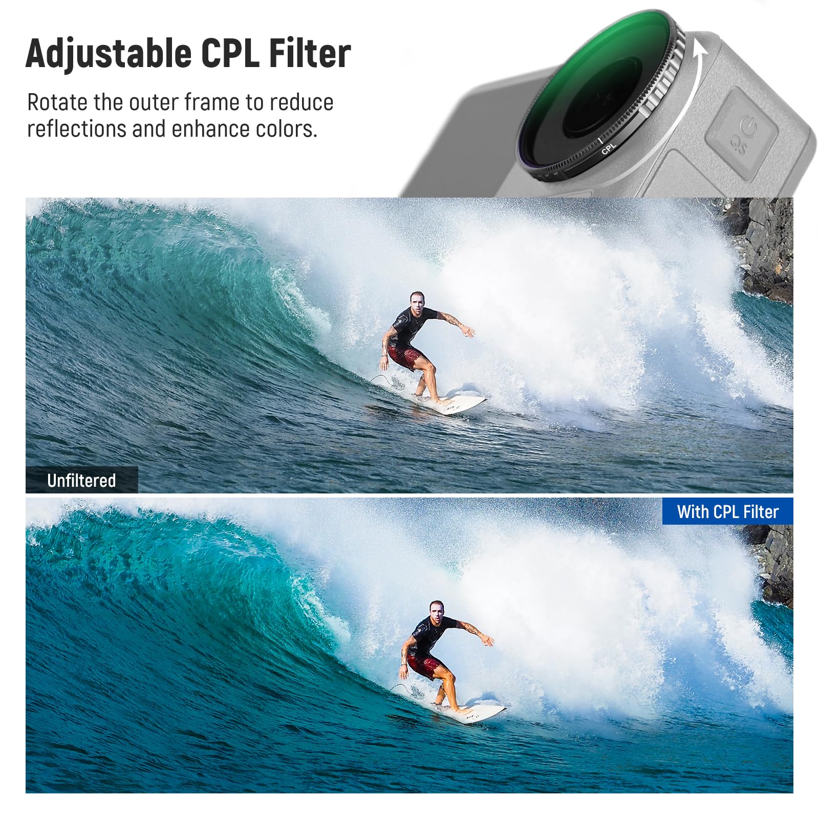 NEEWER Regulowany filtr CPL kompatybilny z DJI Osmo Action 5 Pro i Action 4, wkręcany filtr polaryzacyjny okrągły wielowarstwowy HD szkło optyczne Slim Frame Action Camera akcesoria, FL-N49