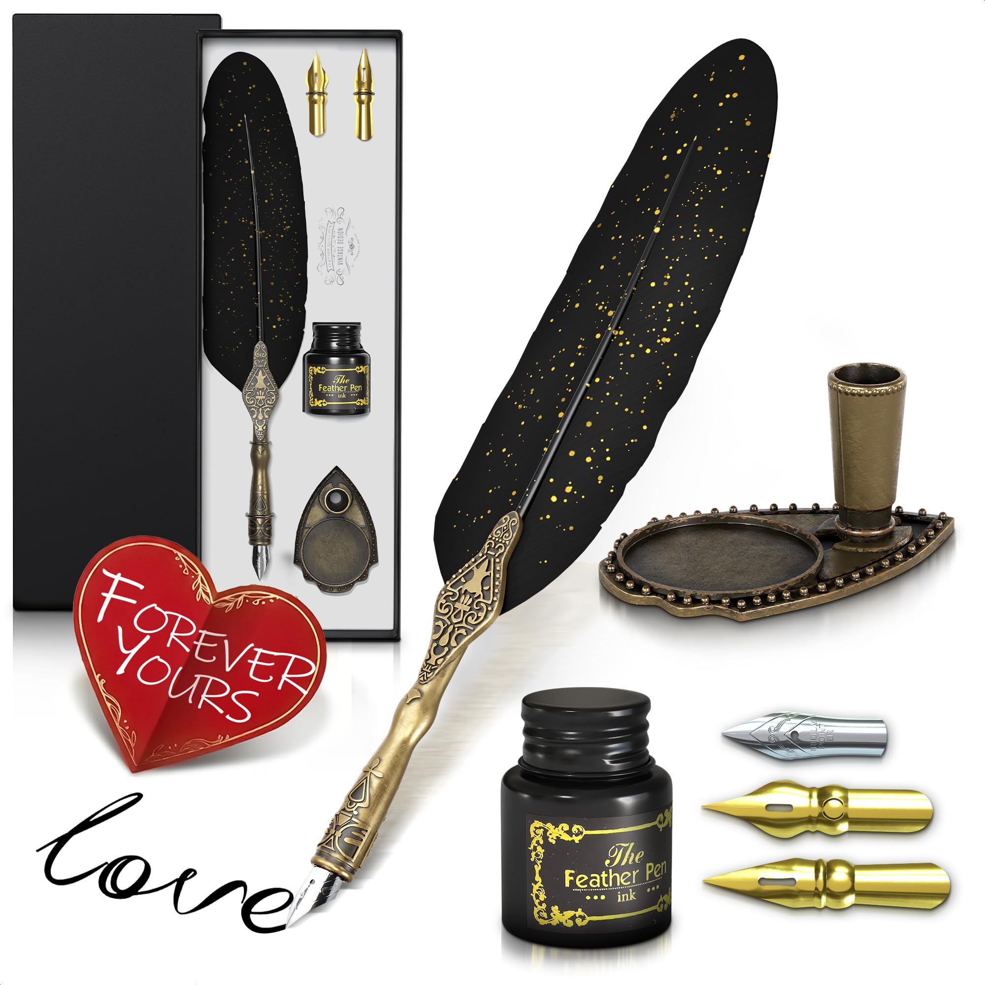 Black Feather Quill Pen and Ink Set – Feather Pen and Ink Set with Stainless Steel Nib & Stand for Practice, Drawing, Signatures & Vintage Decor –