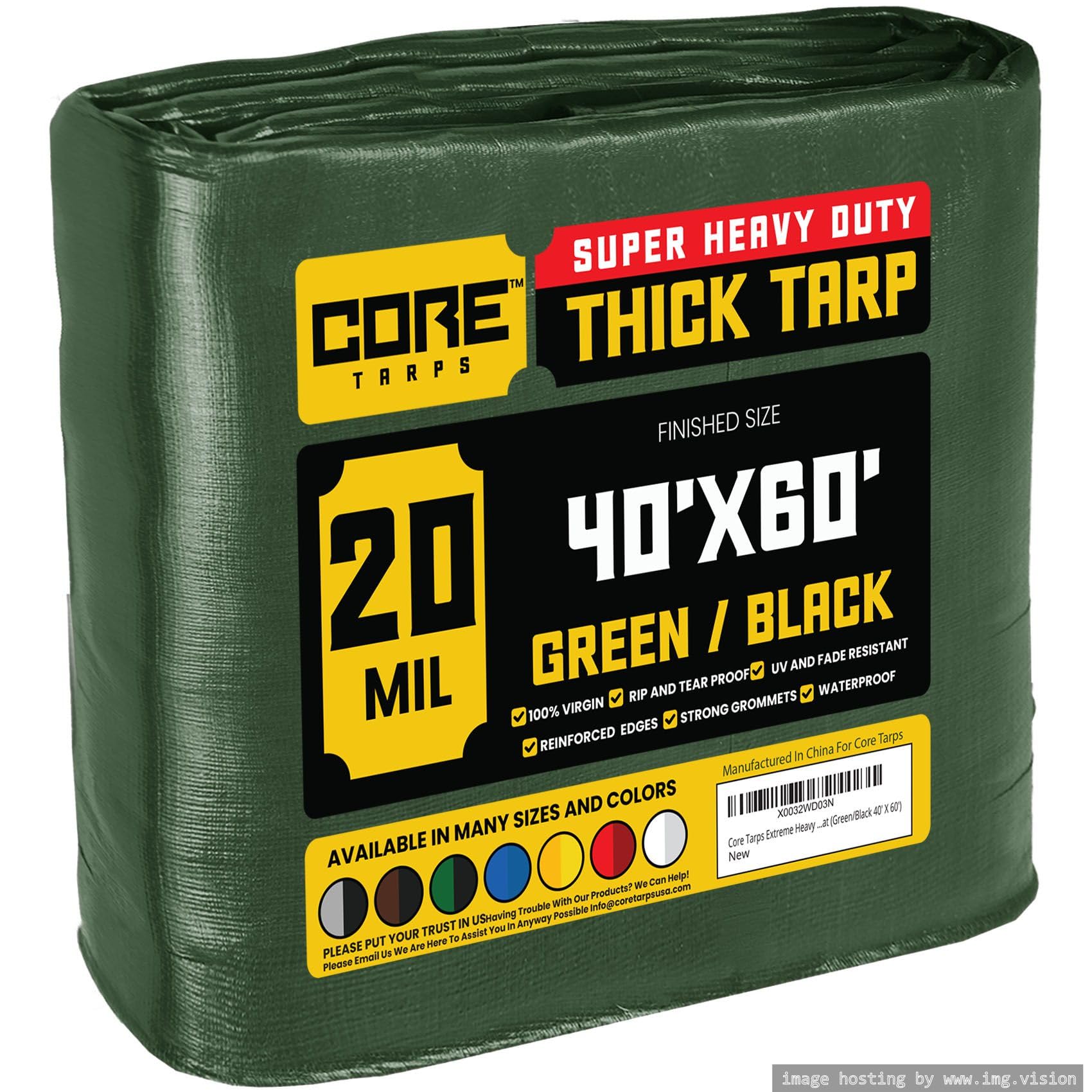 Core Tarps Extreme Heavy Duty 20 Mil Tarp Cover, Waterproof, UV Resistant, Rip and Tear Proof, Poly Tarpaulin with Reinforced Edges for Roof, Patio, Pool, Boat (Green/Black 40′ X 60′)