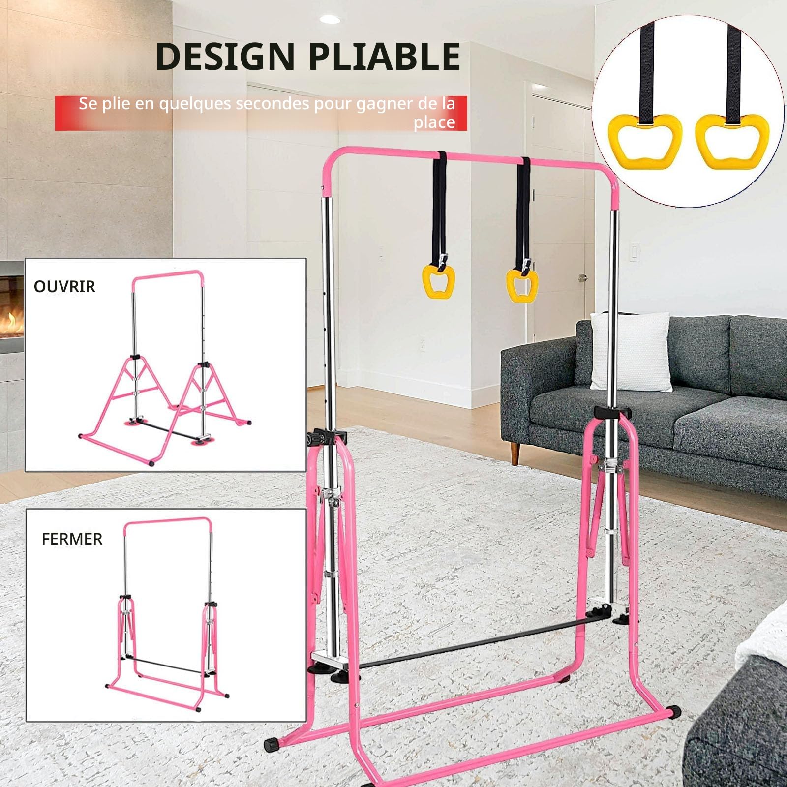 Barre Horizontale de Gymnastique - Équipement de Gymnastique pour la Maison - Barre Horizontale télescopique réglable en Hauteur avec Anneaux de Gymnastique pour Enfants de 3 à 12 Ans