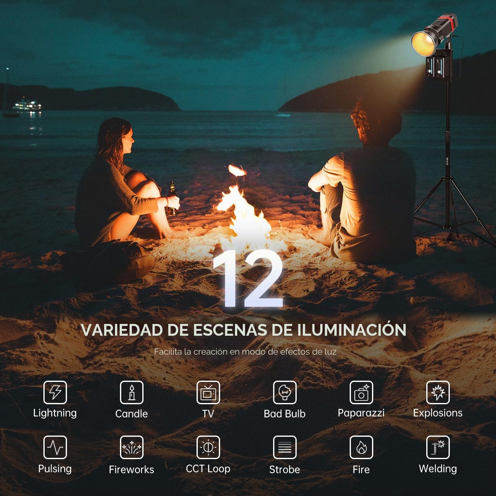 GVM PL60B - Lámpara de vídeo (60 W, para iluminación de estudio COB, iluminación de fotografía portátil para grabación, iluminación de vídeo LED portátil, proyector exterior para control por