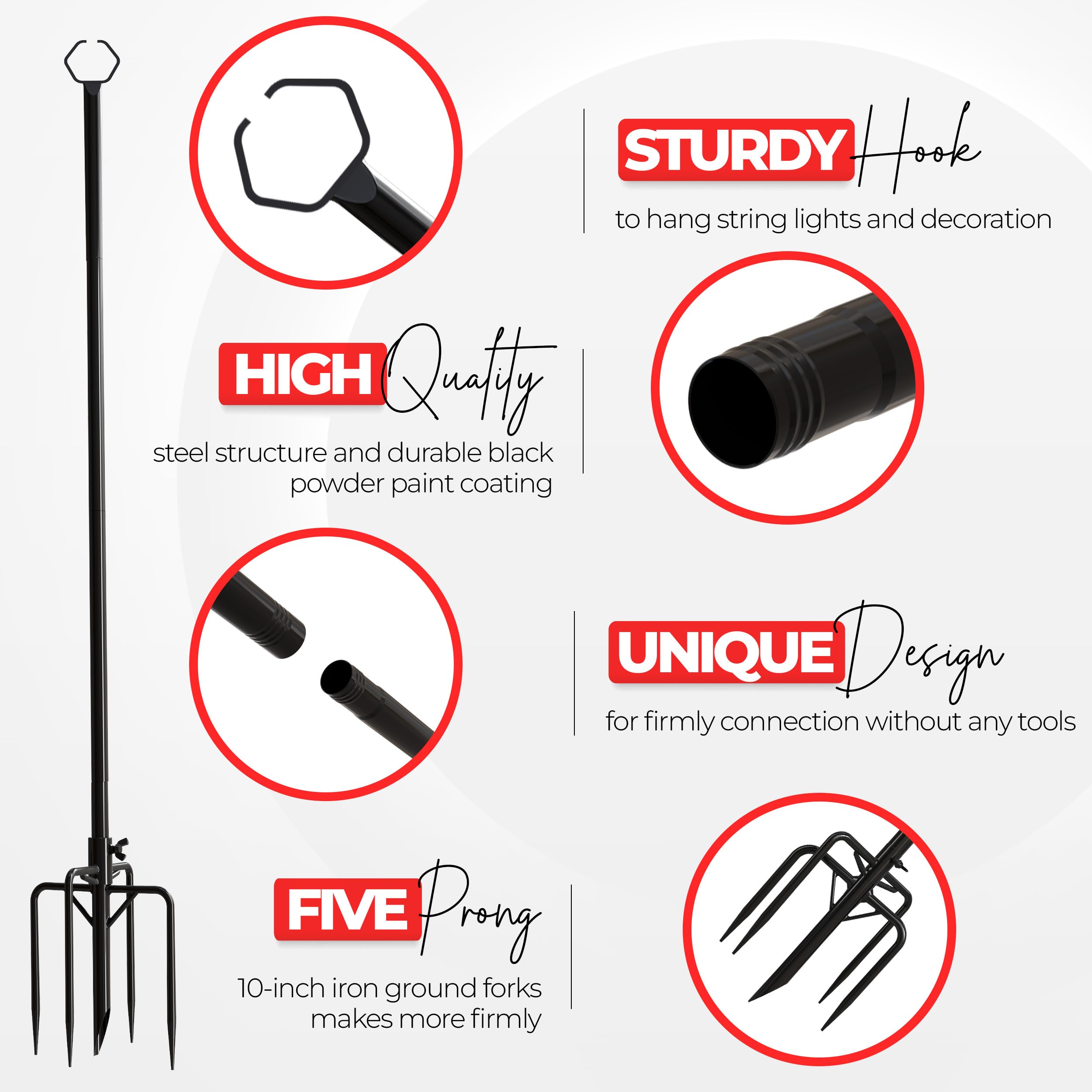 Utopia Home String Light Poles 4 Pack 9ft String Light Poles for Outside, Outdoor String Light Pole for Garden, Outdoor Light Poles for String Lights, Patio String Light Poles for Fence - Black