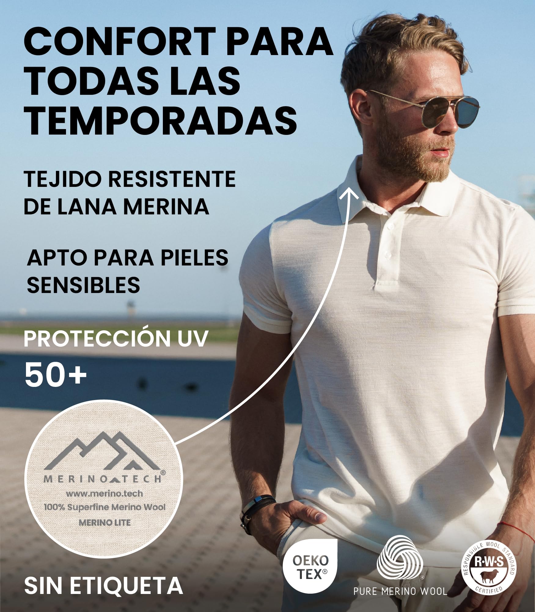 Merino.tech Polo Lana Merino para Hombre - Camiseta Lana Merino 100% | Antiolores, termorreguladora, no se arruga, para oficina y ocio, lavable a máquina