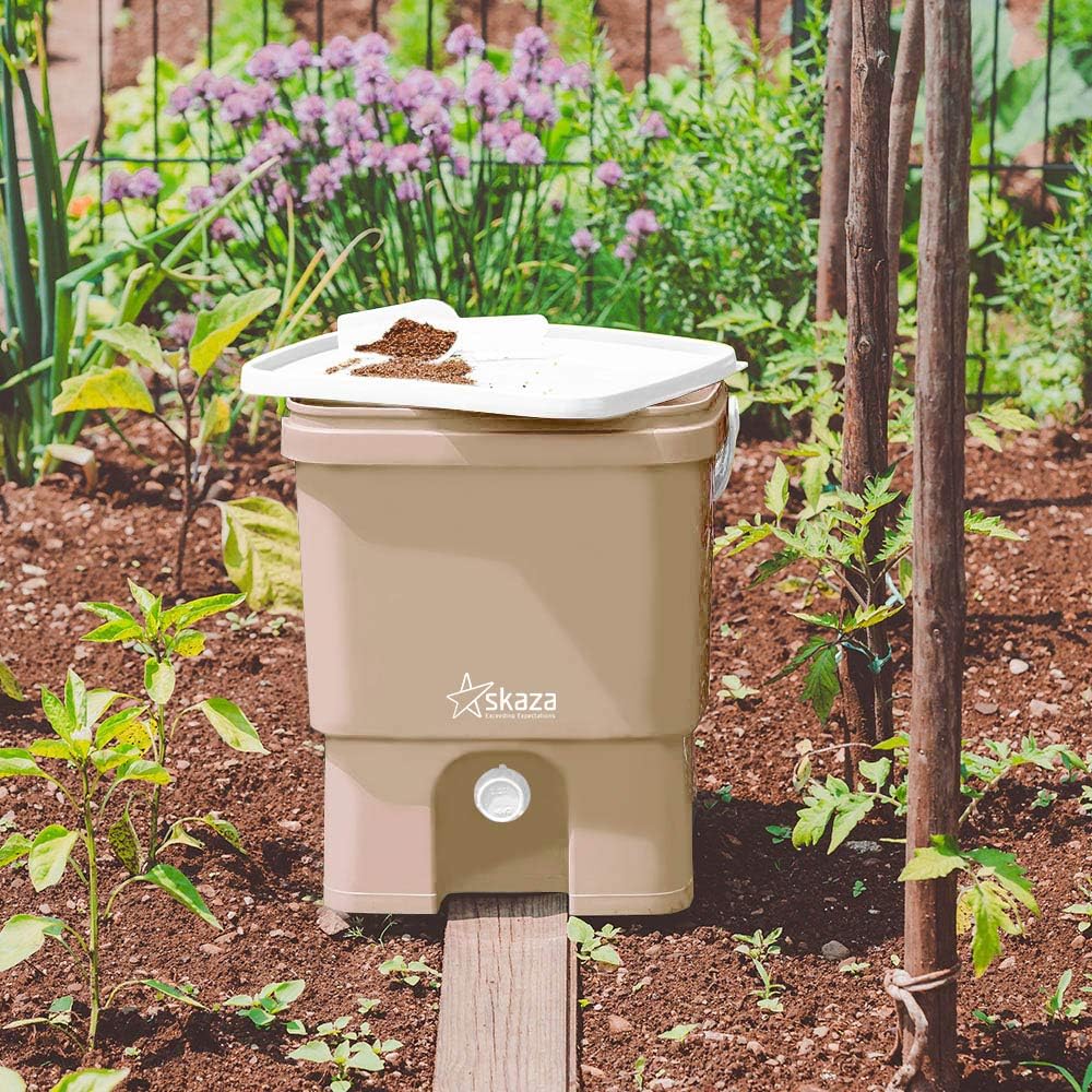 Skaza Bokashi Organko Set (2 x 16 L) Composteurs 2X pour Jardin et Cuisine en Plastique Recyclé | Kit de démarrage avec Activateur de Fermentation EM 1 kg (Cappuccino-Blanc) 19750132