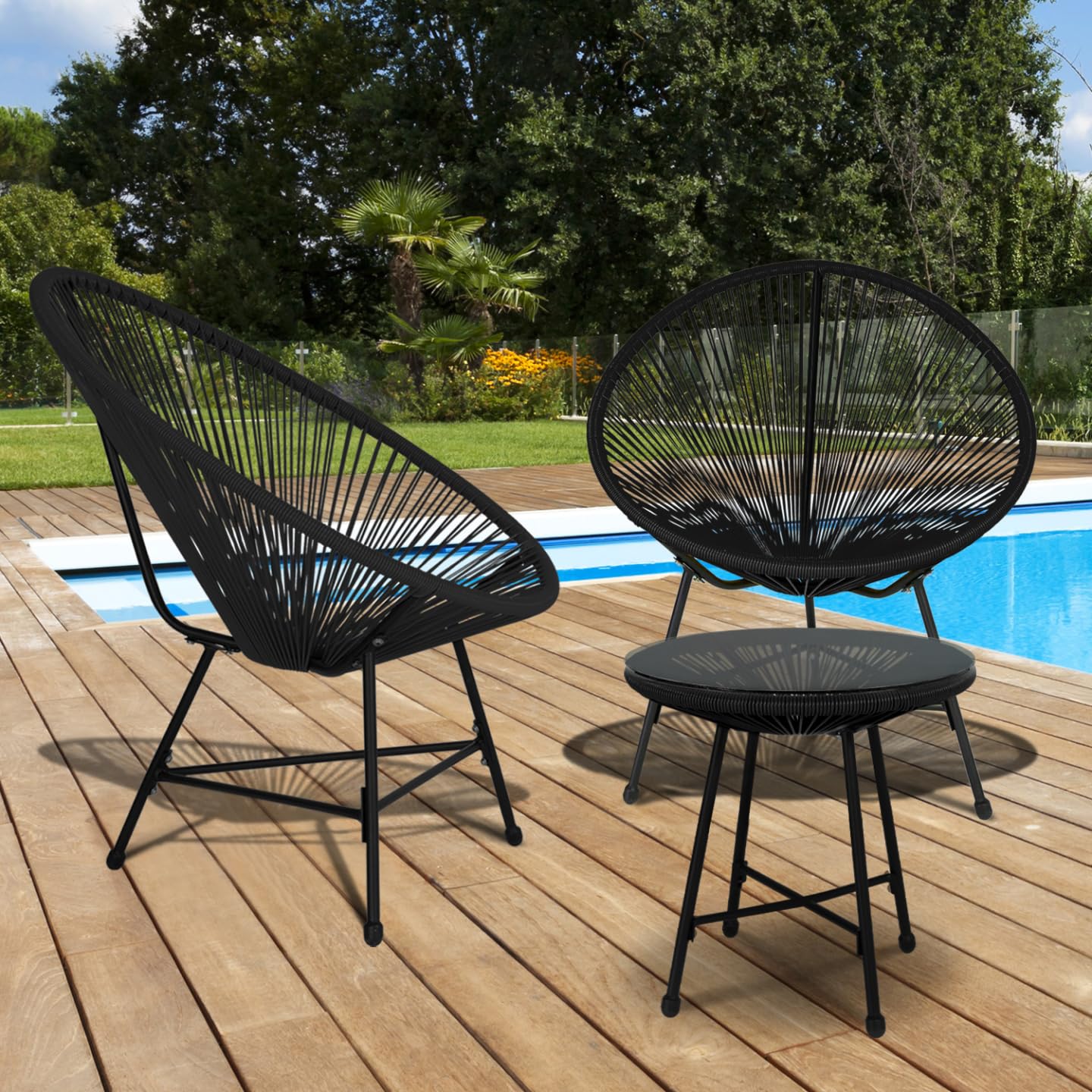 IDMarket - Set di mobili da Giardino Izmir Tavolo e 2 poltrone Uovo in Corda Nera