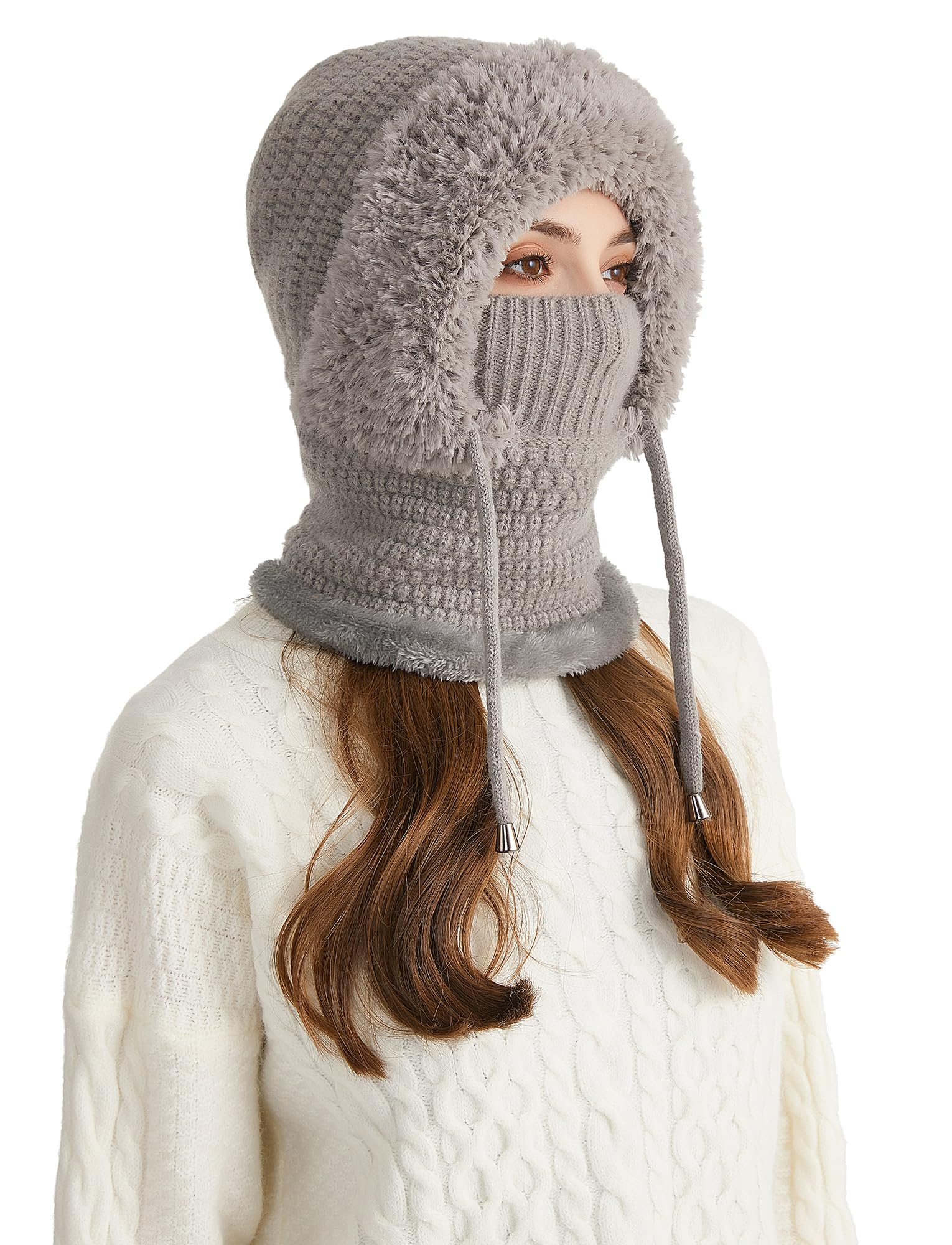 SEAUR Bonnet d'hiver souple pour femme avec doublure en polaire - Cagoule chaude - Avec cordon de serrage