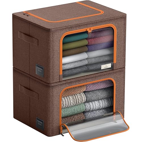 Storage Bins with Metal Frame - Stackable & Foldable Clothes Organizer Bags - Oxford Fabric Storage Containers with Large Clear Window & Carry Handles, Organization for Bedding, Linen, Clothes & More