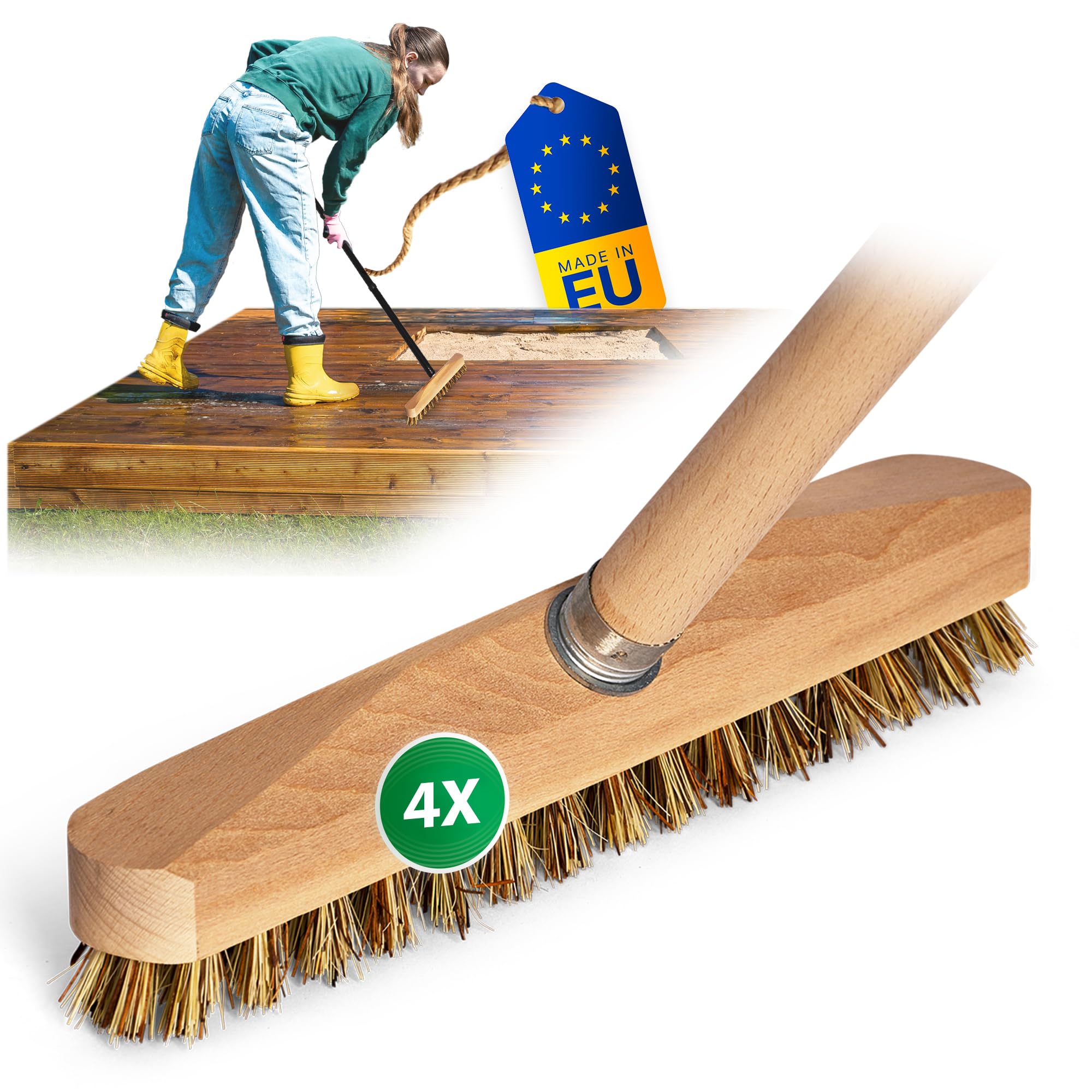 Novaliv 4 estropajos de madera con cerdas de la Unión Europea y barra de madera | fregona con rosca | Cepillo abrasivo | Cepillo de suelo | Cepillo para balcón, terraza, jardín, interior y exterior