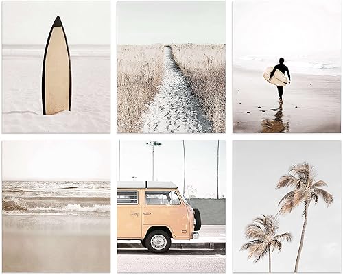 Color Play Impresiones de playa, arte de pared, imágenes del océano, decoración del hogar, juego de 6 pósteres retro costeros, palmeras tropicales,