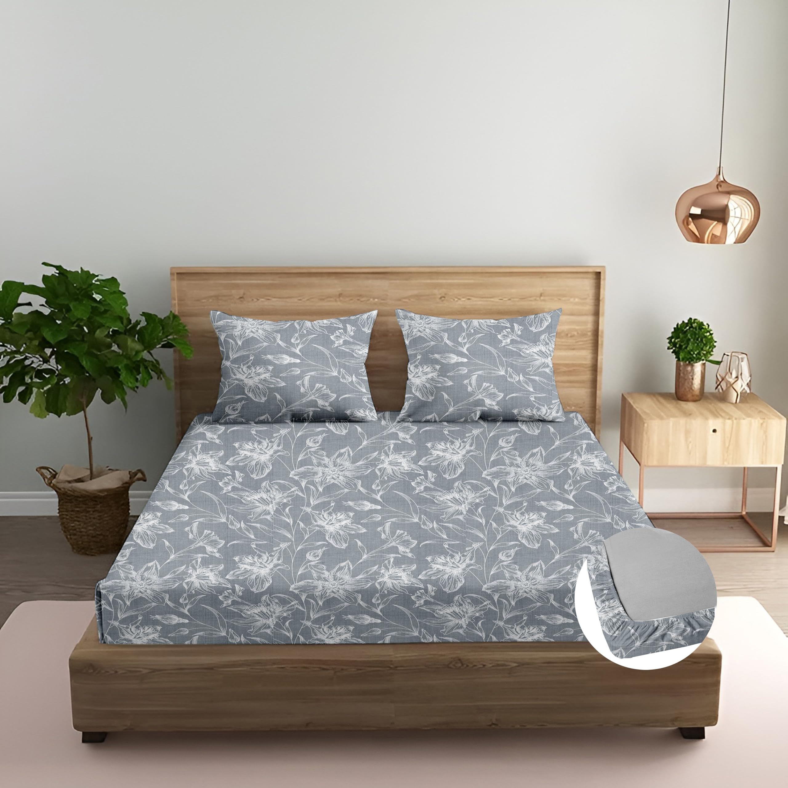 Trance Home Linen 100% Cotton 144TC Elastic Fitted Bedsheet | Printed Twin Size Bed Elasticate Fitted Bedspread with 2 Pillow Covers (75x48 inch, Serenity Grey)-picture-29