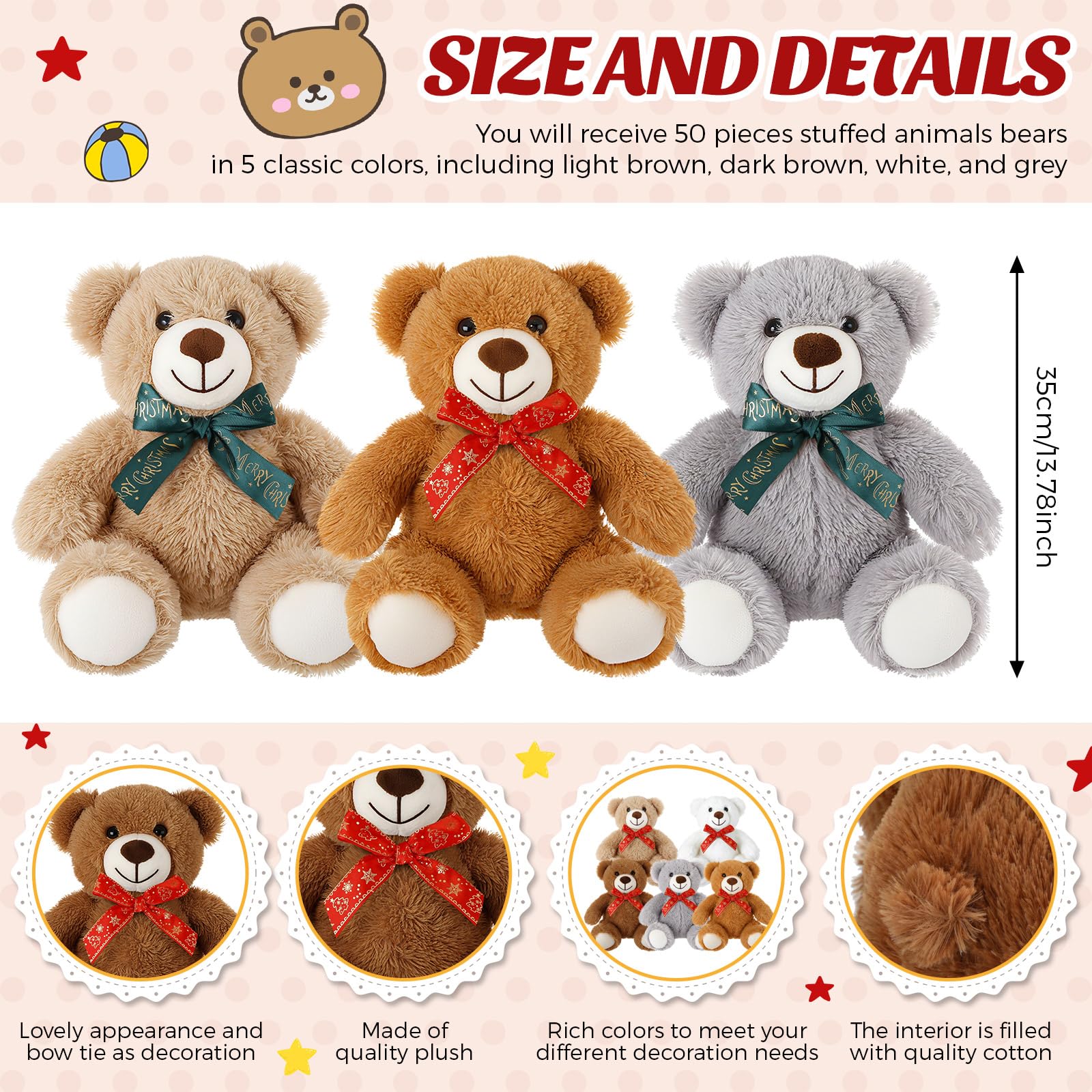 Condition photo showing New/Like New for Jerify 50 Pcs 13.7 Inches Christmas Bears Bulk Bear Stuffed Animals Toys with Ribbon Bow Soft Cute Dolls Gift Xmas Toys for Birthday Home Wedding Party Favors Decorations(Elegant)