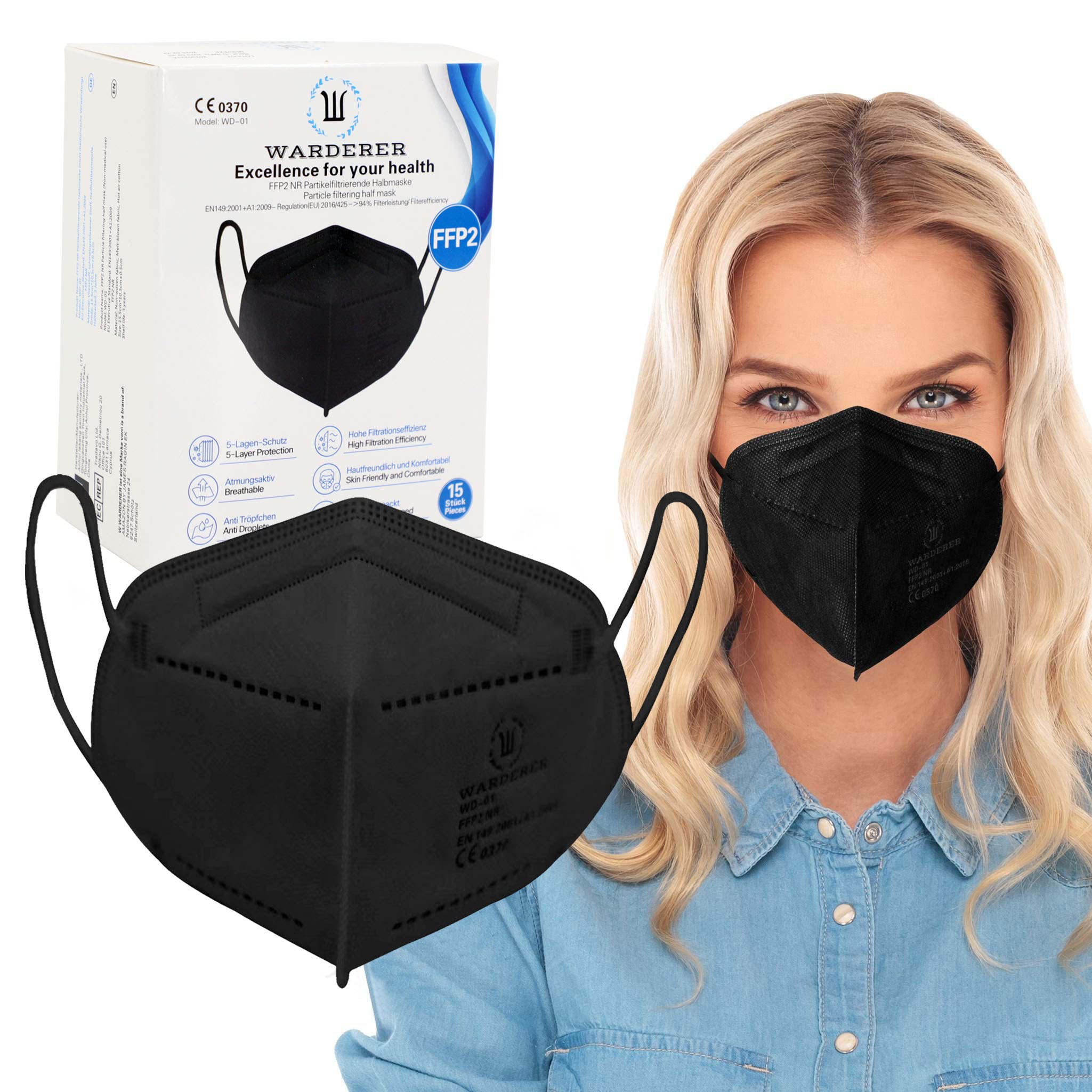 WARDERER 15x Premium FFP2 Masken Schwarz - Atemschutzmaske mit 5-Lagen Filtersystem, Gesichtsmaske für Mund- und Nasenschutz, atmungsaktiv und geruchsneutral, hautfreundlich, hygienisch einzelverpackt