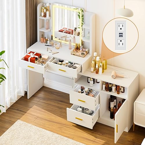 Pamapic Vanity Desk with Mirror and Lights, 13 Storage Makeup Vanity with 4 Drawers and 8 Shelves, 62" Large Dresser Dressing Table with Power Outlet, 3 Lighting Modes, Silent Slides, White