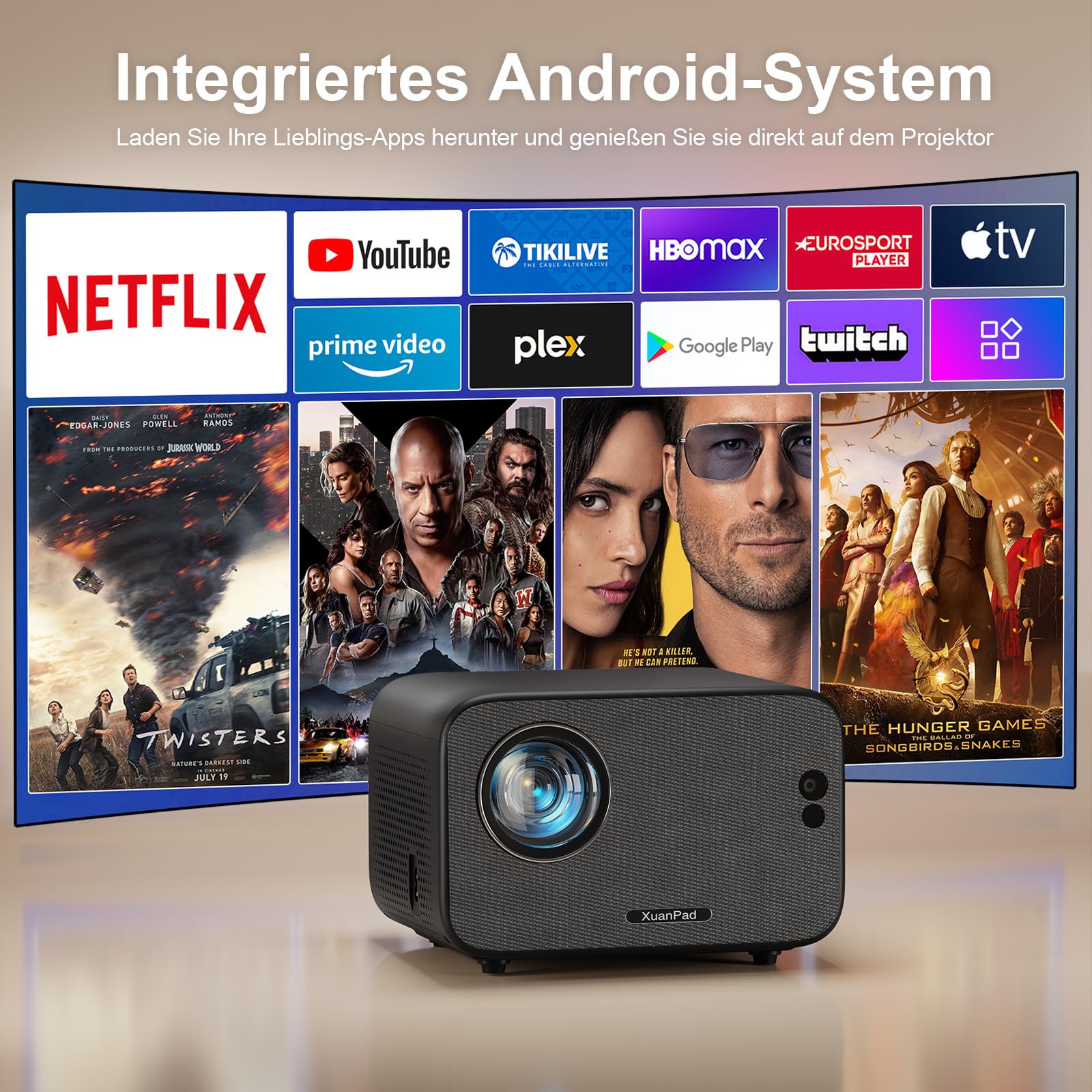 XuanPad 3500 ANSI Beamer 4K Smart Mini Projektor mit Autofokus, Trapezkorrektur, WiFi6, Bluetooth, 210° Heimkino Outdoor Space Black