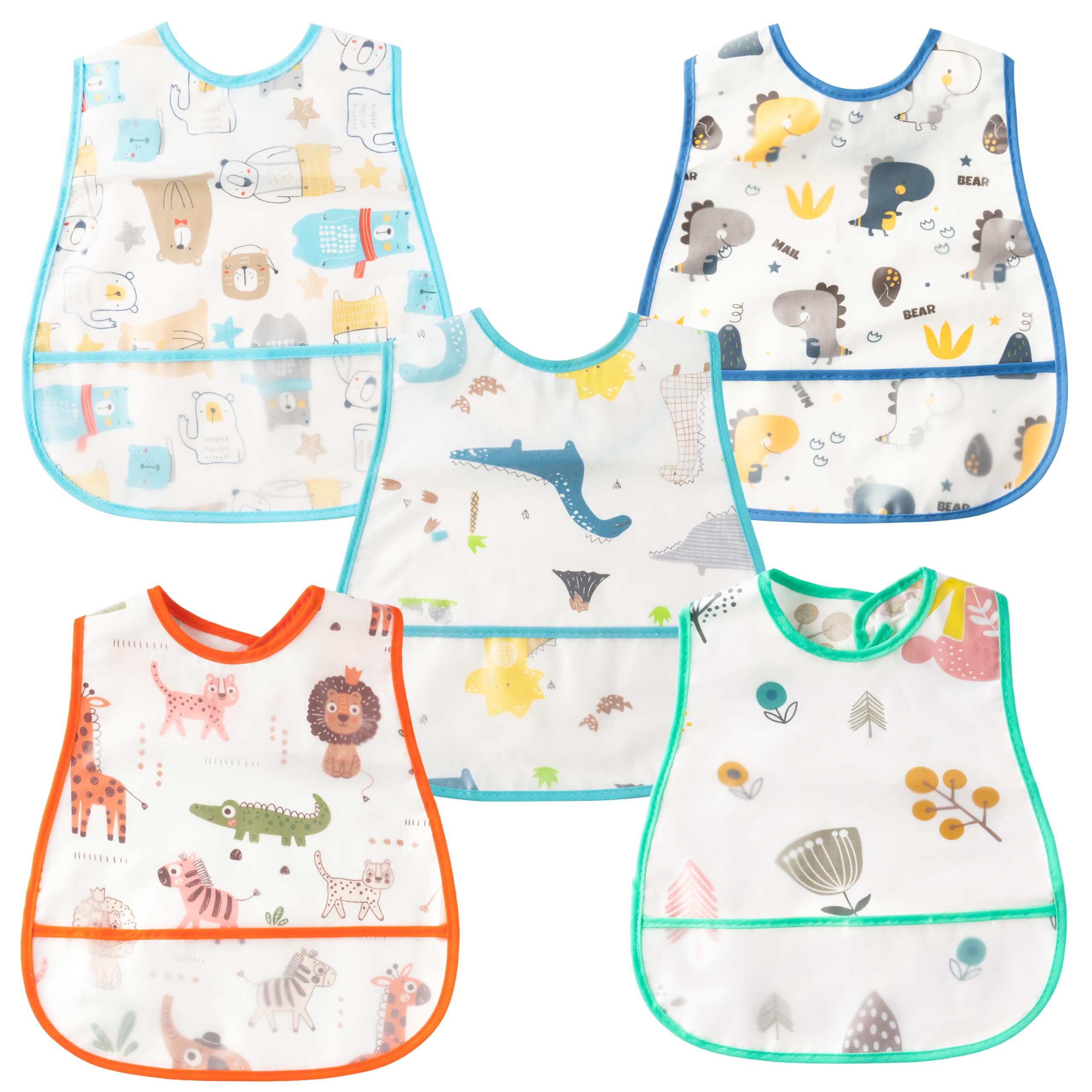R HORSE 5Pcs Baby Bibs Set Toddler Bibs with Crumb Catcher Pocket & Snap Button Waterproof Baby Feeding Bibs for 6-24 Months