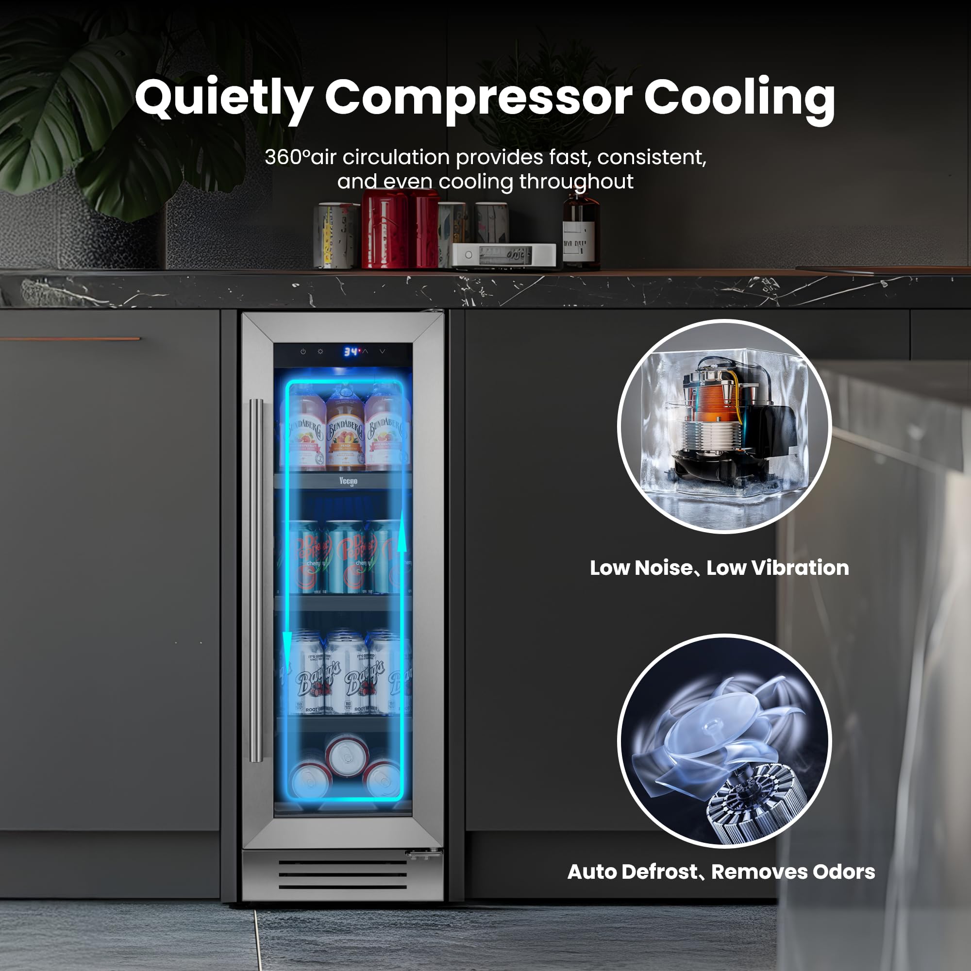 YEEGO 12 Inch Beverage Refrigerator - 60 Cans Compact Beverage Cooler With Glass Door, Under Counter Drink Fridge Built-In Or Freestanding For Soda, Beer & Wine, Office, Kitchen Or Home Bar on Fridge.com - View 3
