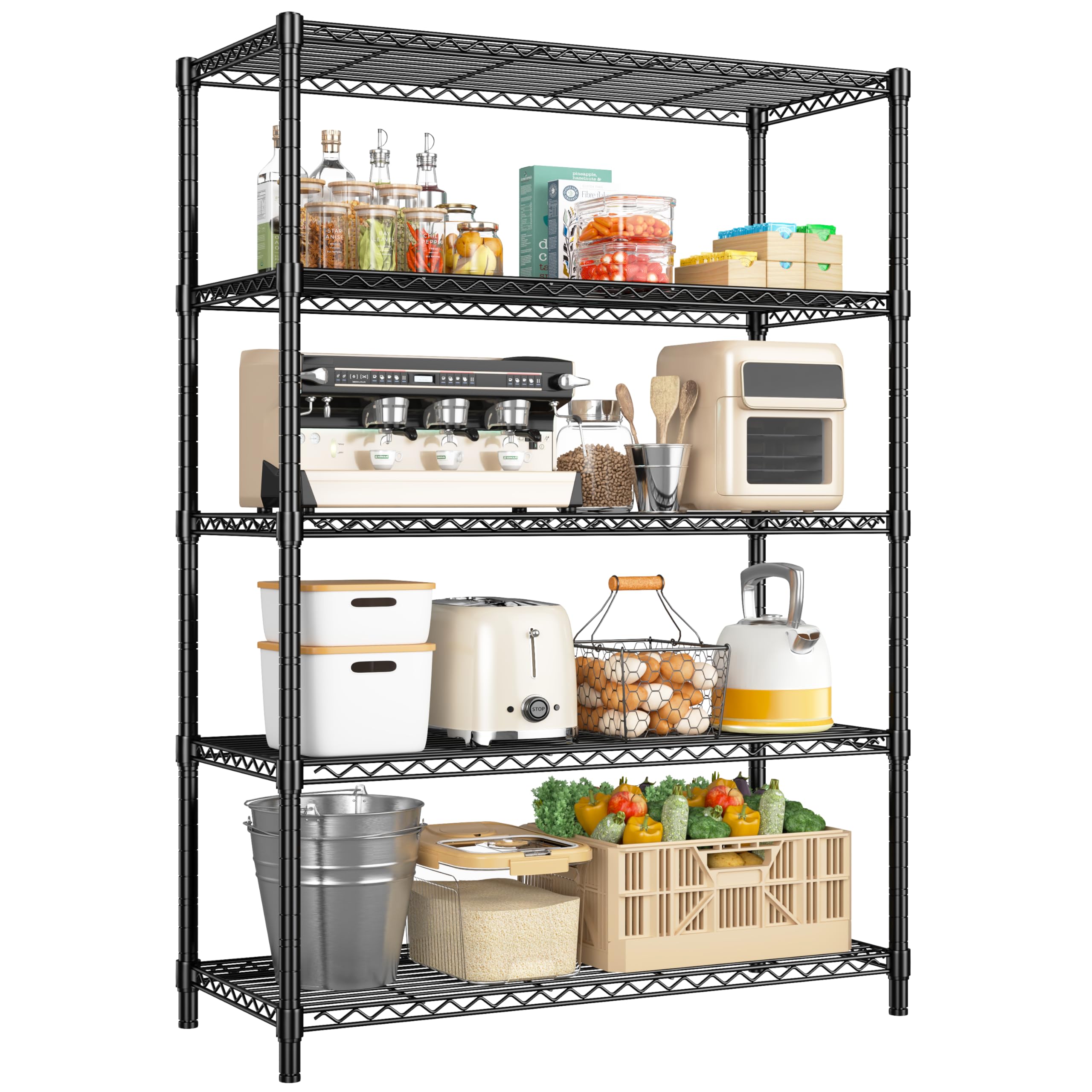71" H Storage Shelves 5 Tier Wire Shelving Adjustable Metal Shelving,1000LBS Pantry Shelves Sturdy Steel Wire Shelf for Kitchen Pantry Garage Warehouse,71" H X35.5 W X13.8 D, Black
