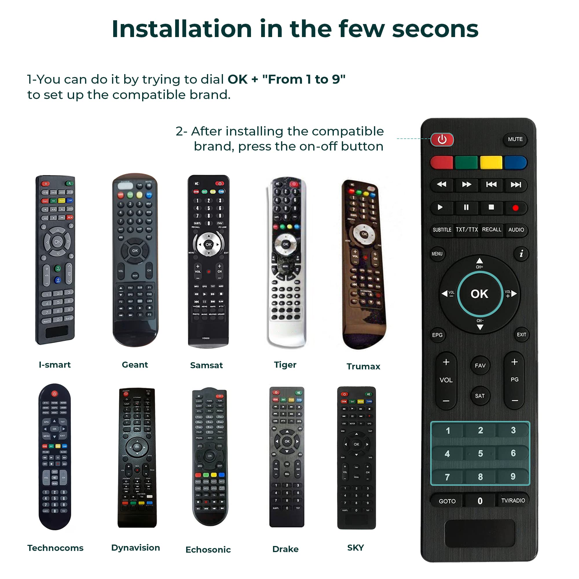 LEYF Uniwersalny pilot 9 w 1, kompatybilny z odbiornikami DVB-T TNT - Redline, HD Line, Geant, Tiger, Sky, Drake, Servimat, Istar, Samsat, Trumax, Dynavision, Head, Echosonic, Regular, Technocoms,