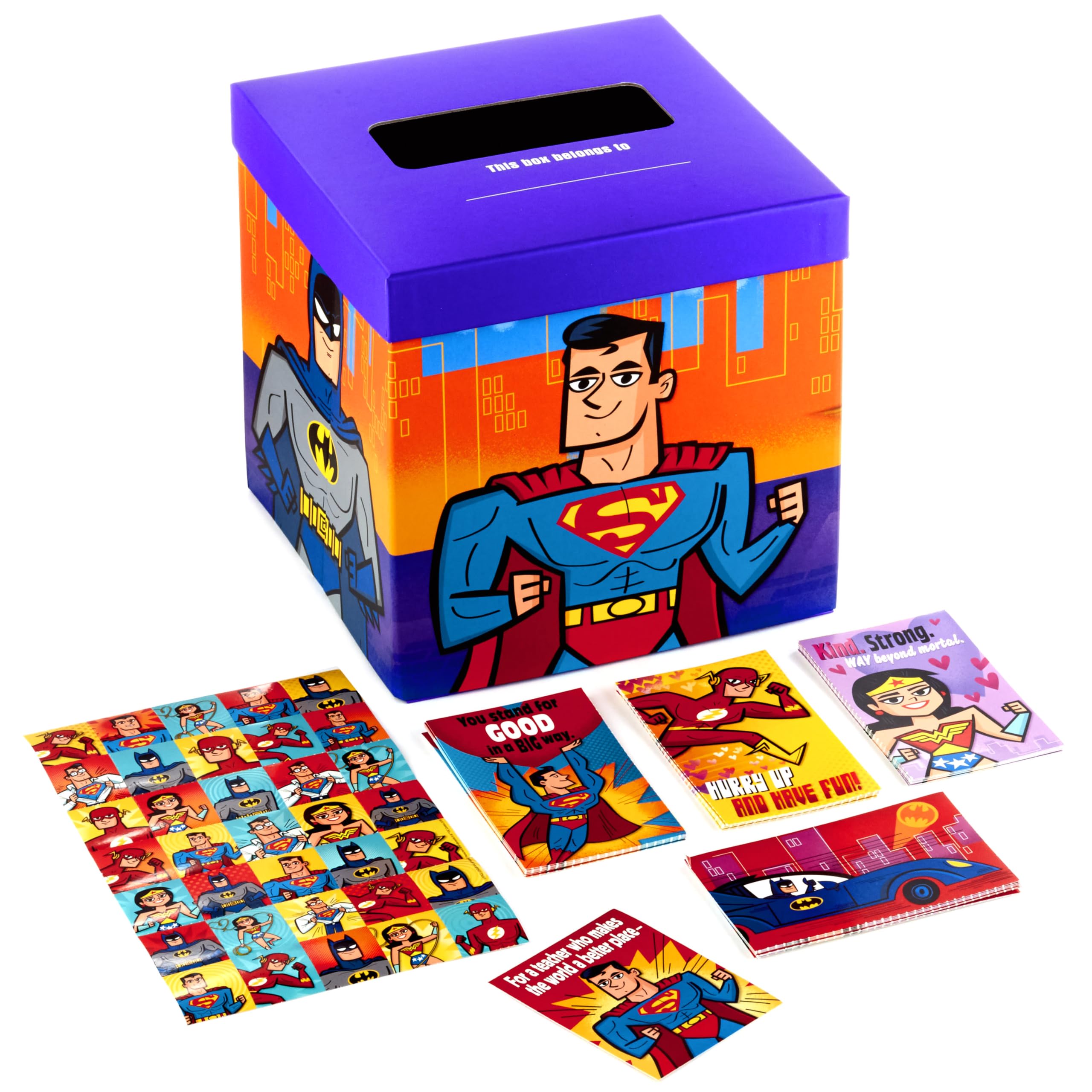 Justice League Valentines Day Cards and Mailbox for Kids School Classroom Exchange (1 Box, 32 Valentine Cards, 35 Stickers, 1 Teacher Card)