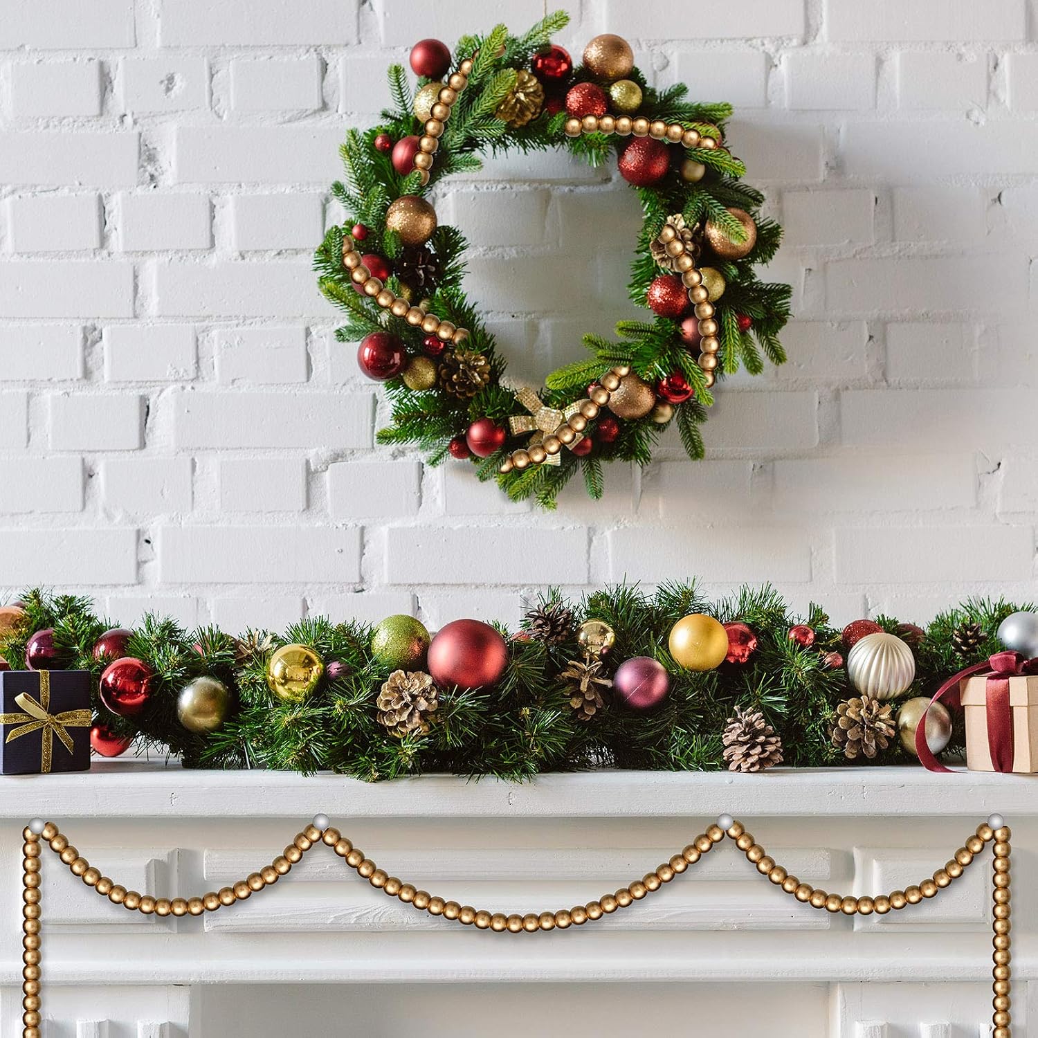 WILLBOND 16 Feet Wood Bead Garland Christmas Tree, Gold