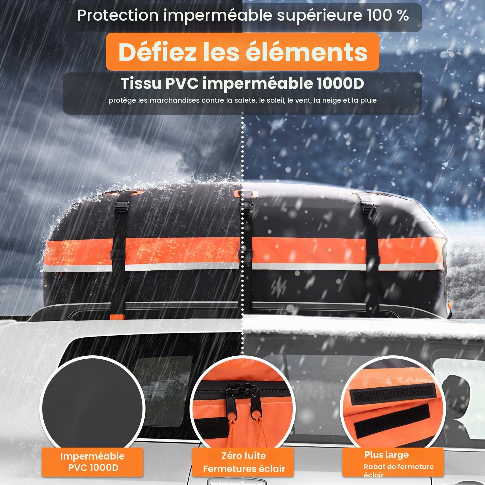 Sailnovo Coffre de Toit de véhicule Étanche Sac de Toit Voiture pour Voyage Résistant aux Intempéries avec Tapis Antidérapant, 6 Crochets de Porte et Cadenas à Combinaison, 590L 1000D PVC
