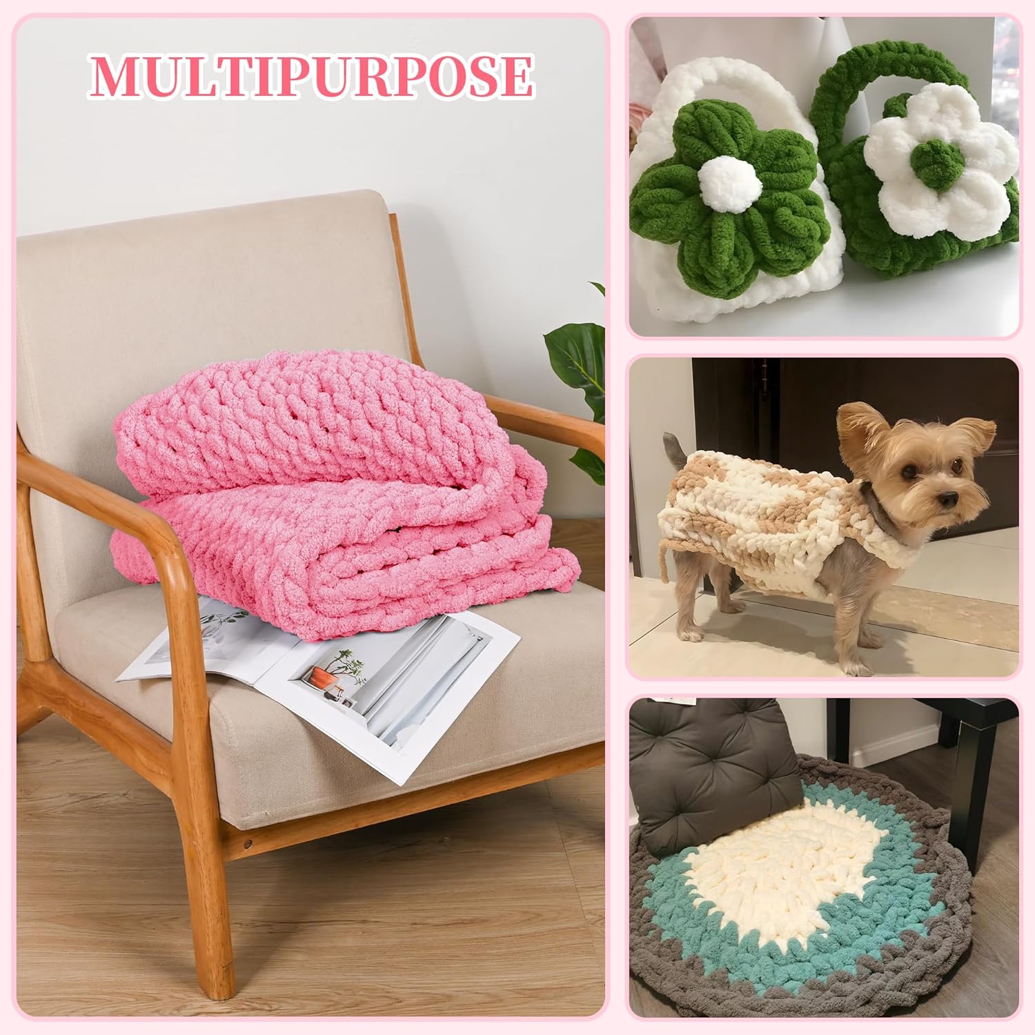 8 Packs Jumbo Chenille Chunky Yarn, 2045g (72oz) 245 Yards (224m) for Crocheting & Knitting, Handcrafts & Blanket Yarn (Pink, 8 Pack)