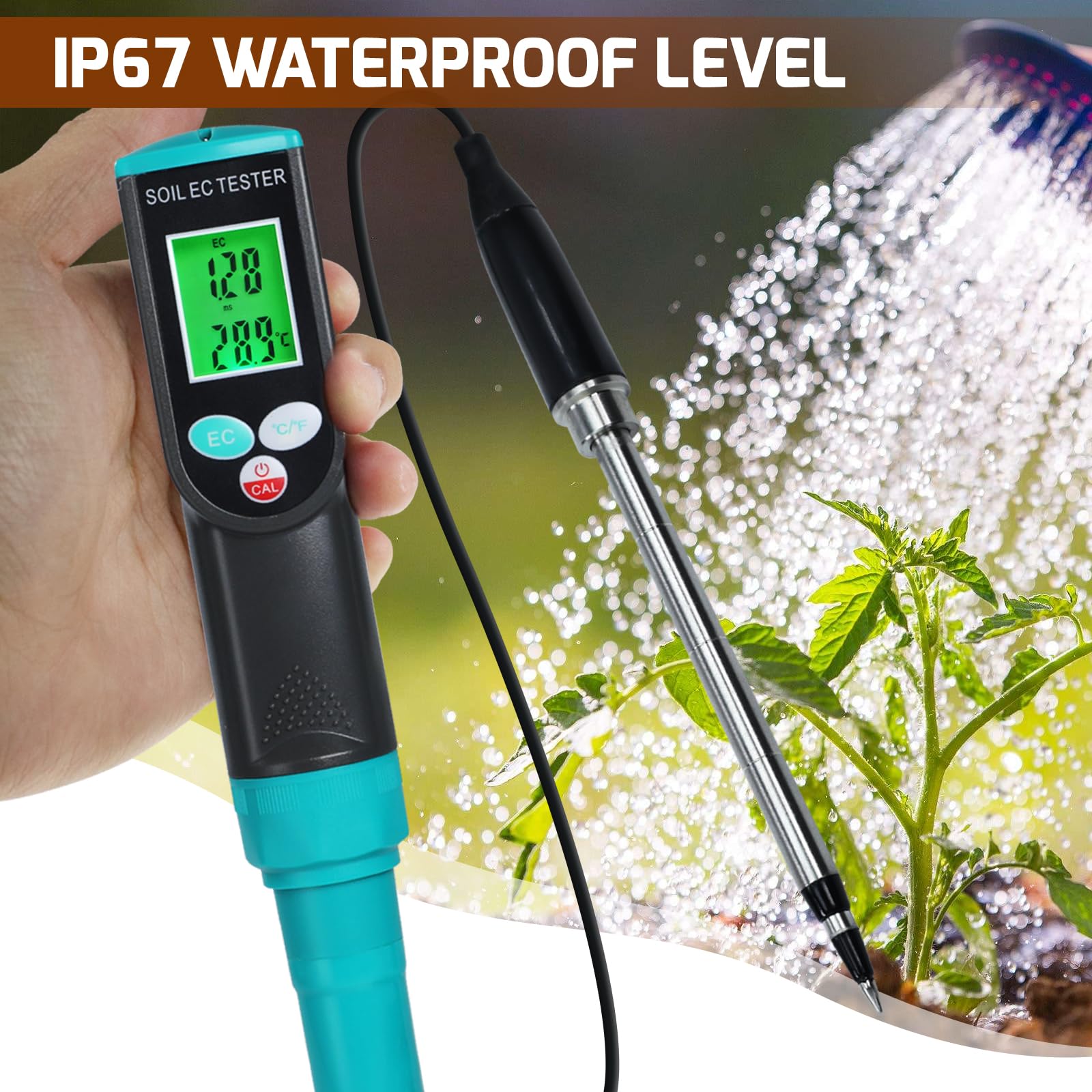 Medidor Portátil de CE y Temperatura del Suelo - Analizador de Fertilidad y Conductividad para Plantas, Jardinería, Invernaderos (Interior/Exterior) IP67