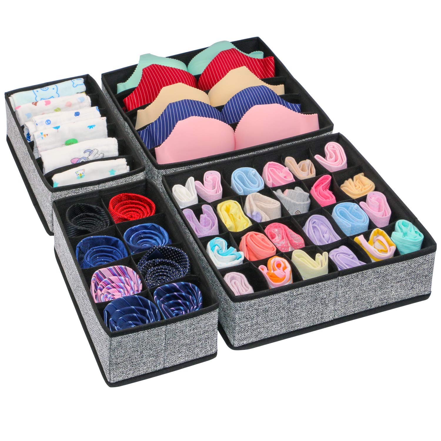 homyfort Juego de 4 organizadores de cajones de Tela, Organizadores de Ropa Interior, Separadores de cajones para Guardar Calcetines, Ropa Interior o Accesorios de bebé, Nero Lino, XASS4P