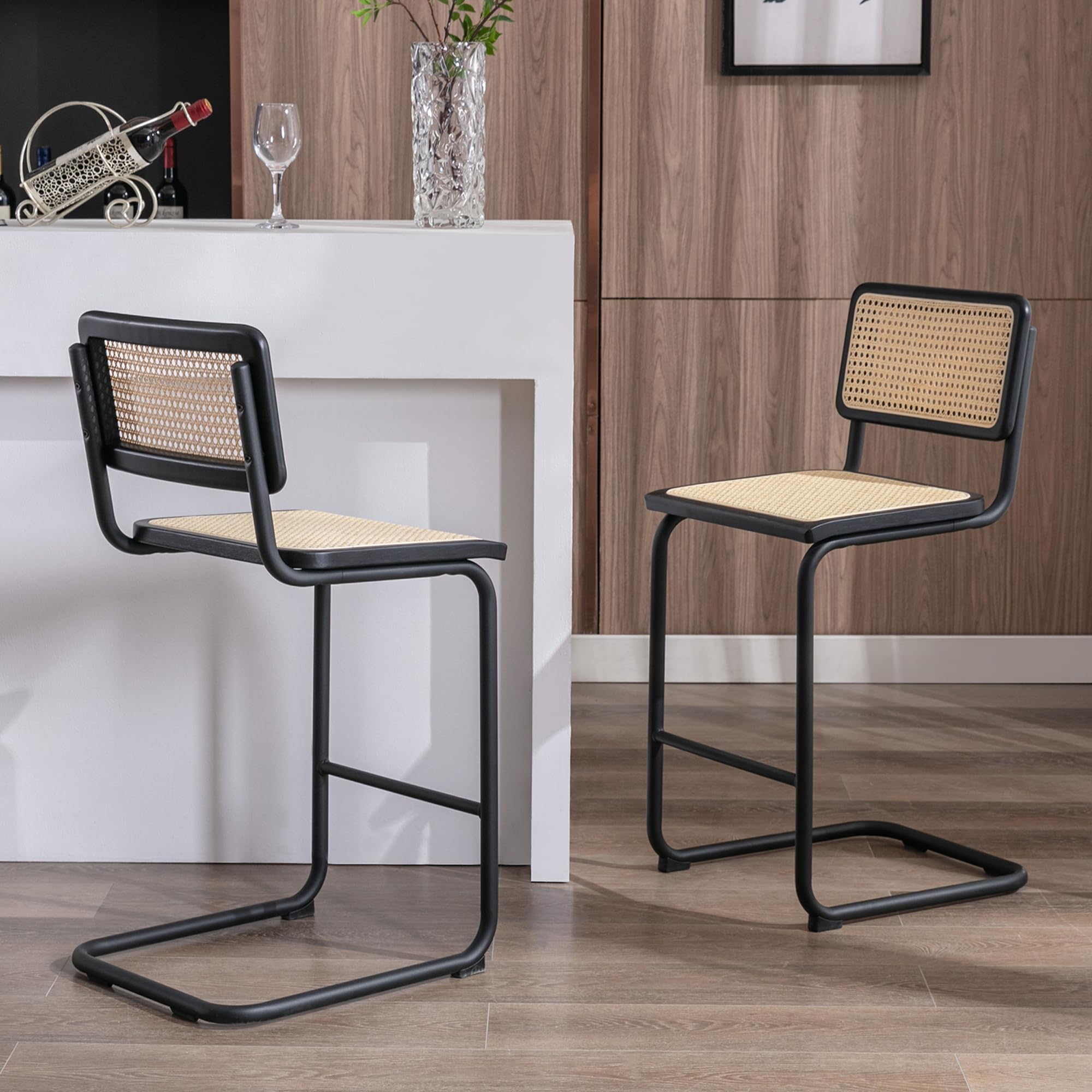 JIRAIN Modern Bar Stools Set of 2, 24 Inch Rattan Counter Height Bar Stools, Low Back Bar Stools with Cane Seat, Counter Height Chairs with Metal Legs for Kitchen Counter, Black