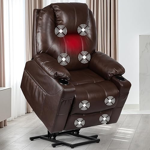 YITAHOME Power Lift Recliner Chair for Elderly Recliner Chair with Massage and Heat Faux Leather Lift Chair with Remote Control for Living Room, with 2 Cup Holders Side Pockets, Brown