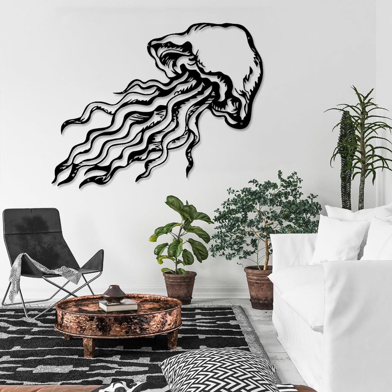 Współczesna abstrakcyjna metalowa dekoracja ścienna sztuka meduzy, dekoracja, życie morskie nowoczesny design prezent dla miłośników łazienki (47 x 90 cm, czarny)
