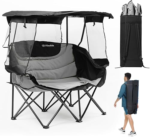 Miniatura 9 de Silla de camping doble con toldo, asiento plegable para dos personas, sofá biplaza portátil al aire libre con sombra, silla plegable para playa,