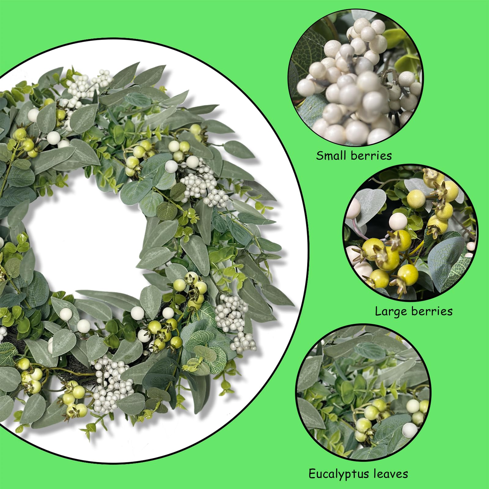 Couronne d'eucalyptus pour porte d'entrée, 50 cm, couronne d'eucalyptus artificielle verte avec baies pour murs, fenêtres, véranda, décoration de fête