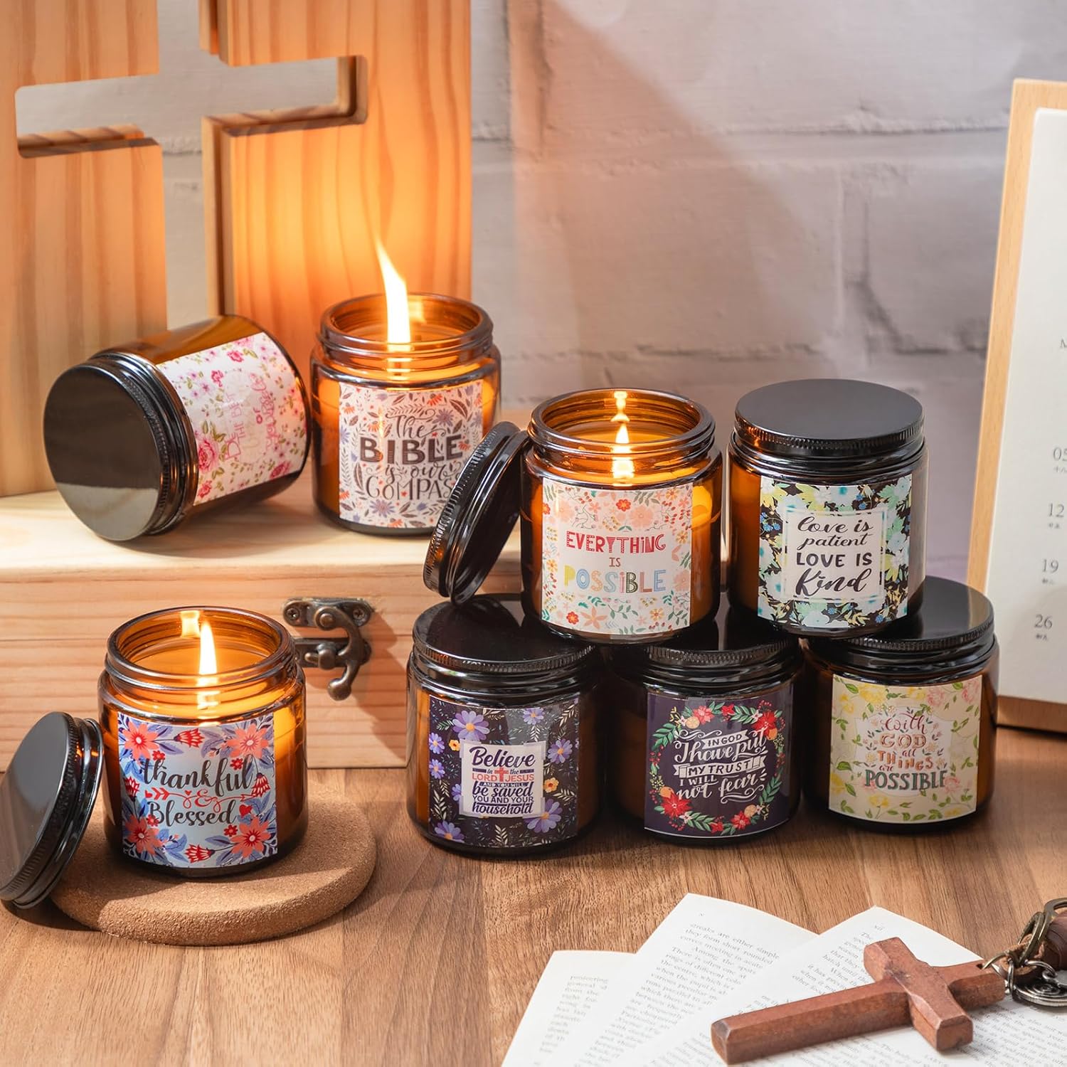 MTLEE 24 Pcs Christian Gifts for Women Bulk Lent with Catholic Bible Verses Religious Faith Jar Scented Candles for Church Coworkers Employees Teachers Nurse Healthcare Worker(Brown)