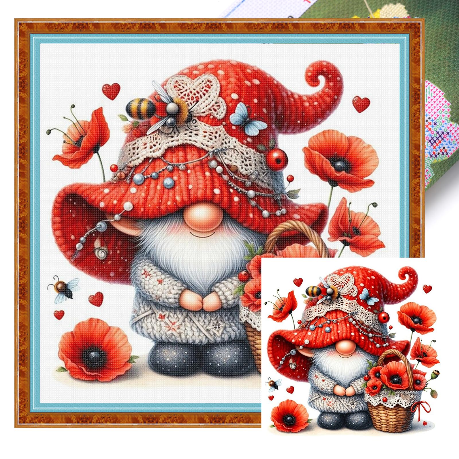 POETRYDRAW Poppy Gnome Full 11CT DIY Stamped Cross Stitch Kits for Beginners Adults Home Decor Cross Stitch Art and Crafts Kits 15.6x15.6In (Poppy Gnome)
